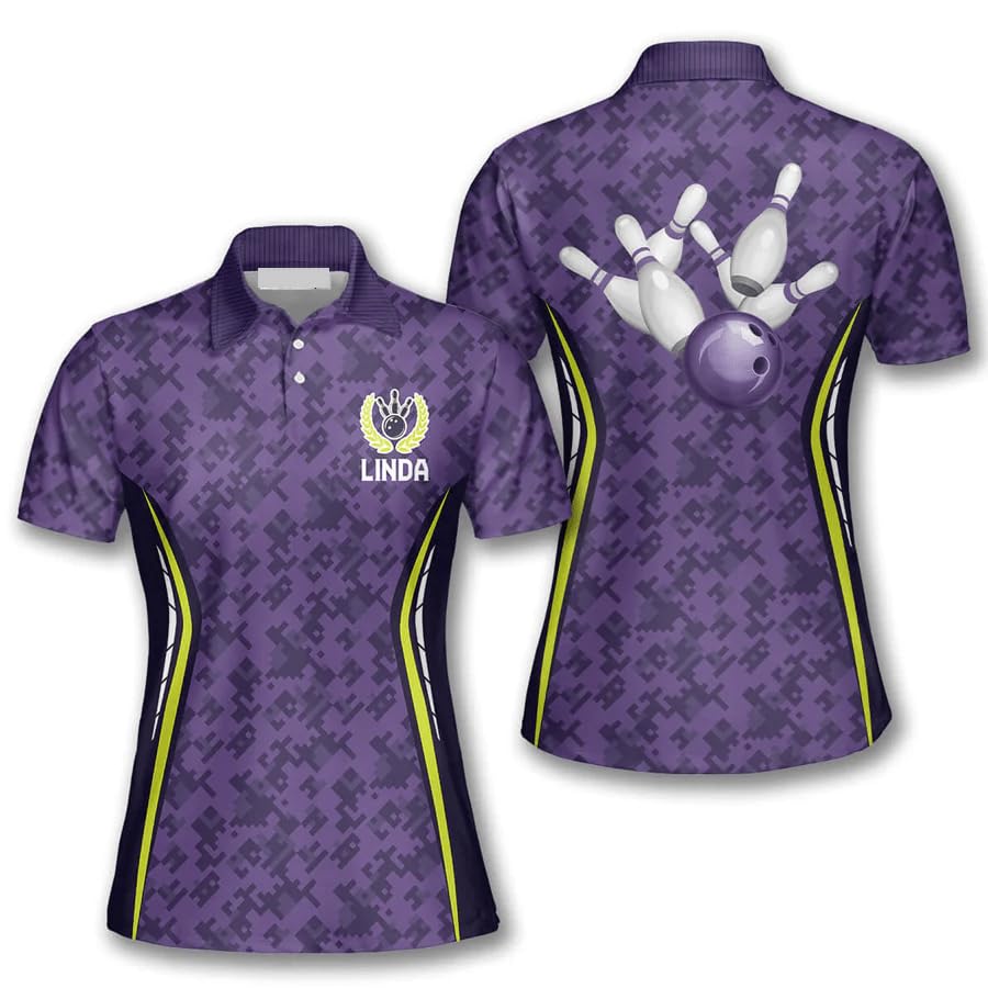 Custom Purple Bowling Shirts for Women - 3D Lego Pattern Polo Shirts (Sizes S-5XL) | Short Sleeve Colorful Gift Shirts for Bowling Leagues & Casual Wear