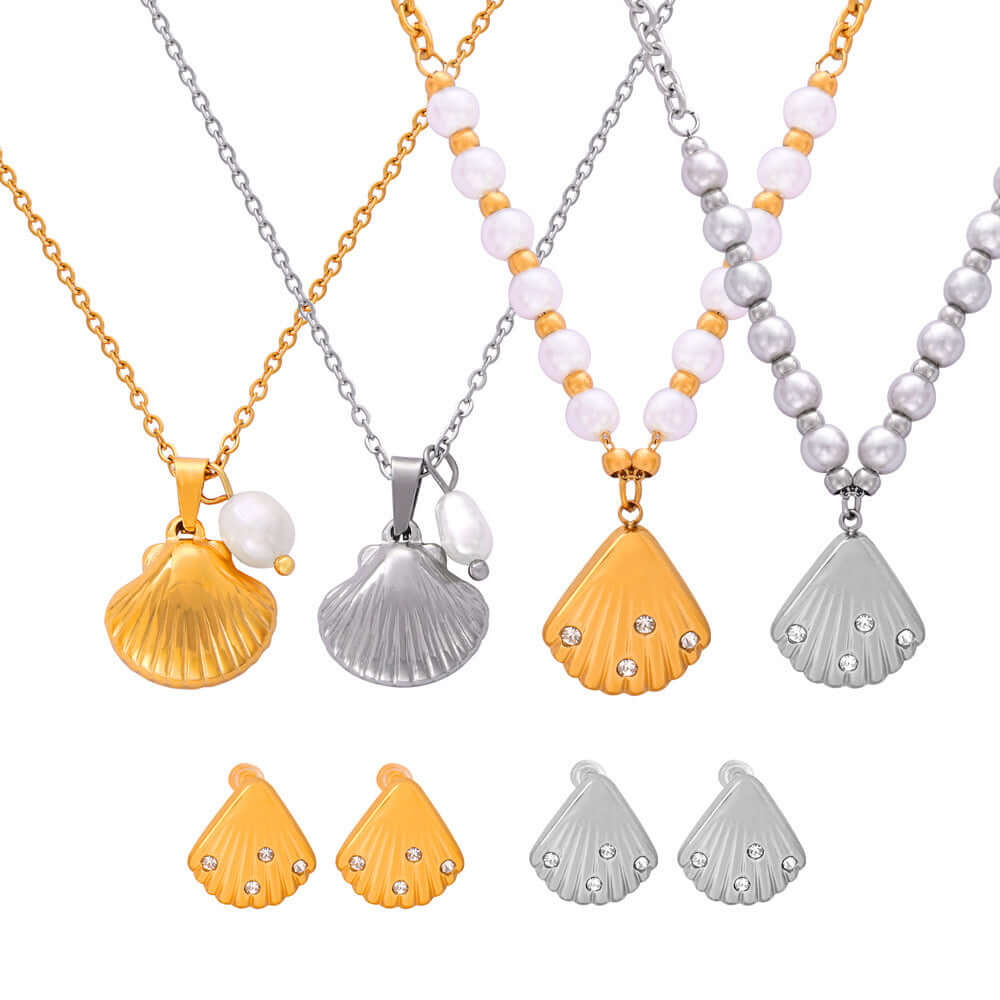 18K Gold Freshwater Pearl Seashell Pendant Earrings Set for Women - Elegant Dangle Drop Earrings for Wedding, Party & Evening Wear | MDT010