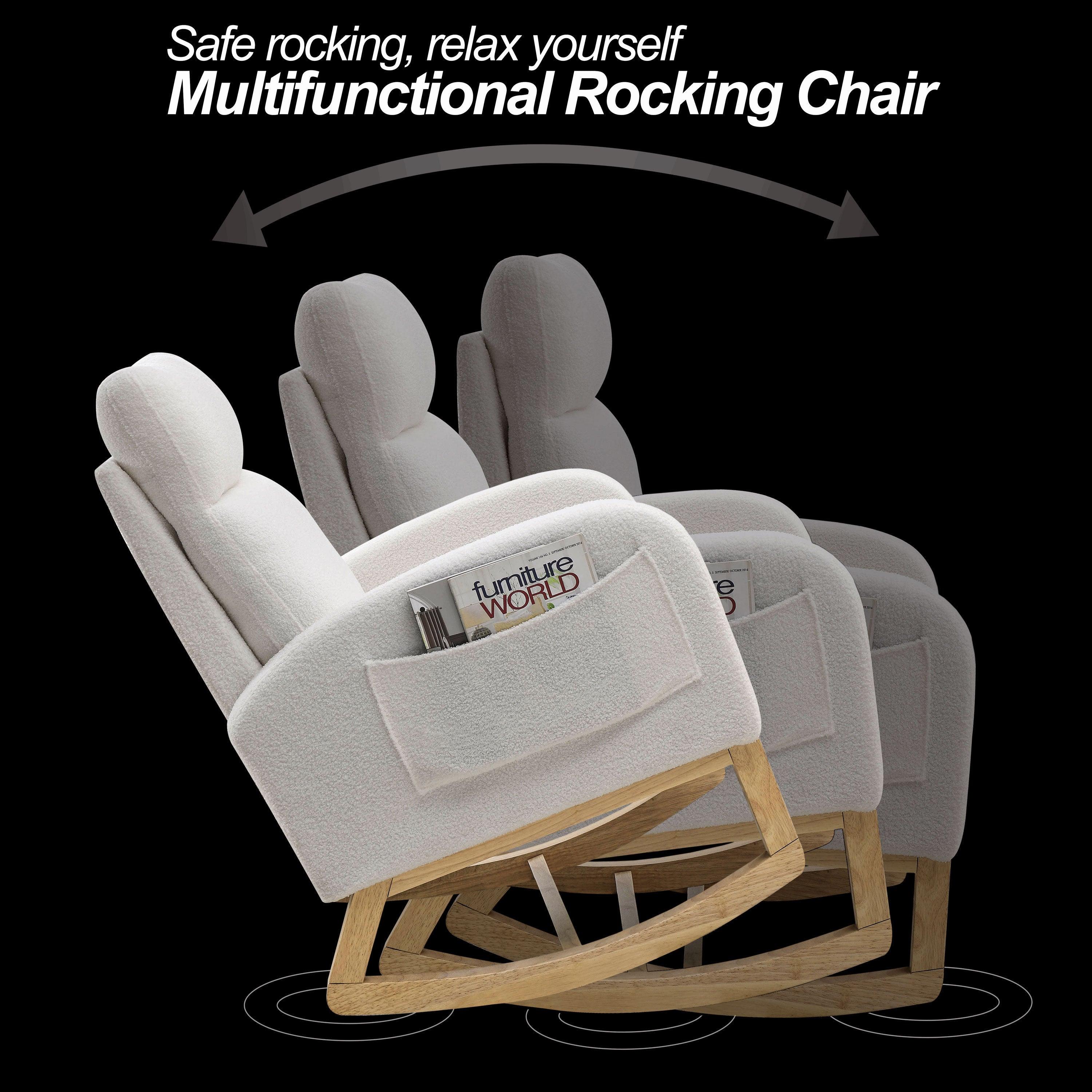 27.6W Modern High Back Accent Rocking Chair with Side Pockets - Teddy White (Ivory) for Living Room, Lounge, Nursery & Reading Nook