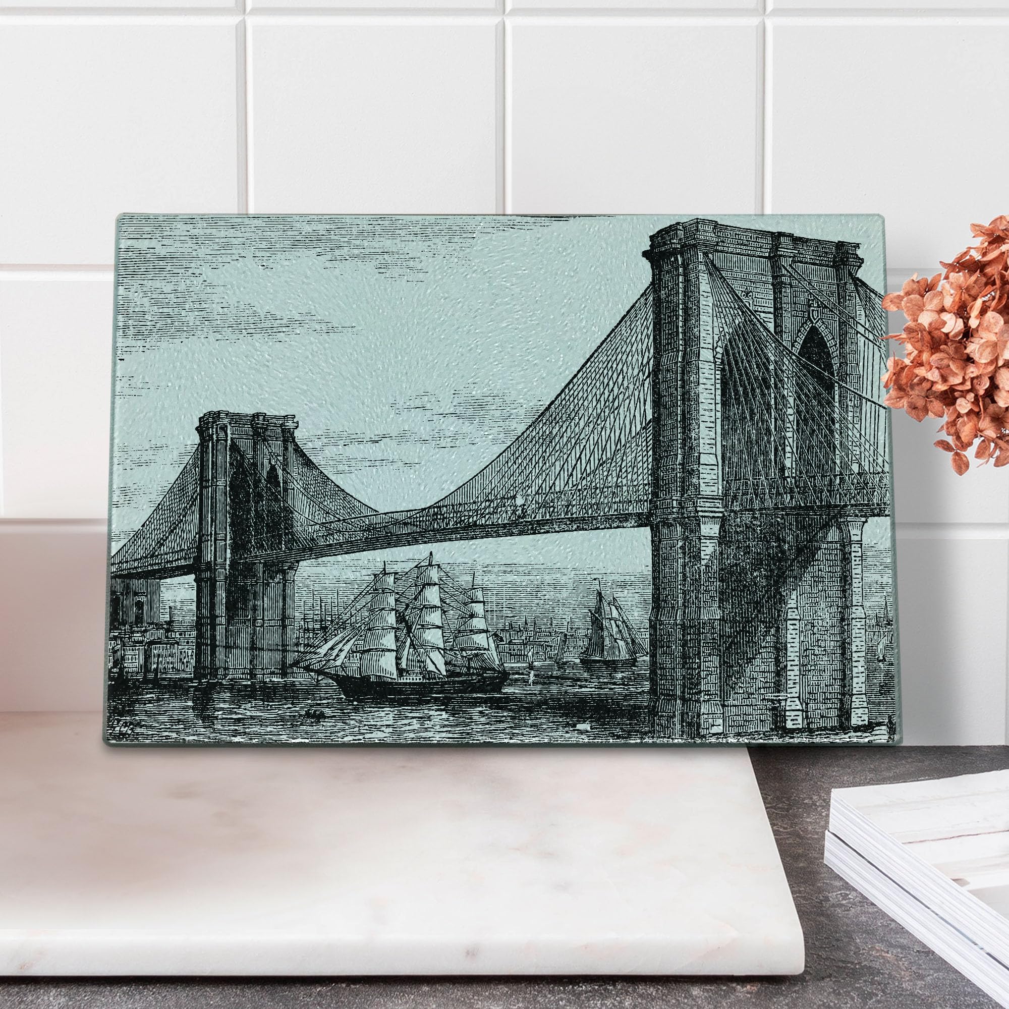 Lunarable New York Themed Cutting Board - Vintage 1890s Brooklyn Bridge & East River Pencil Art Design - Small Black & White Tempered Glass Serving Board for Cheese, Charcuterie & Kitchen Decor