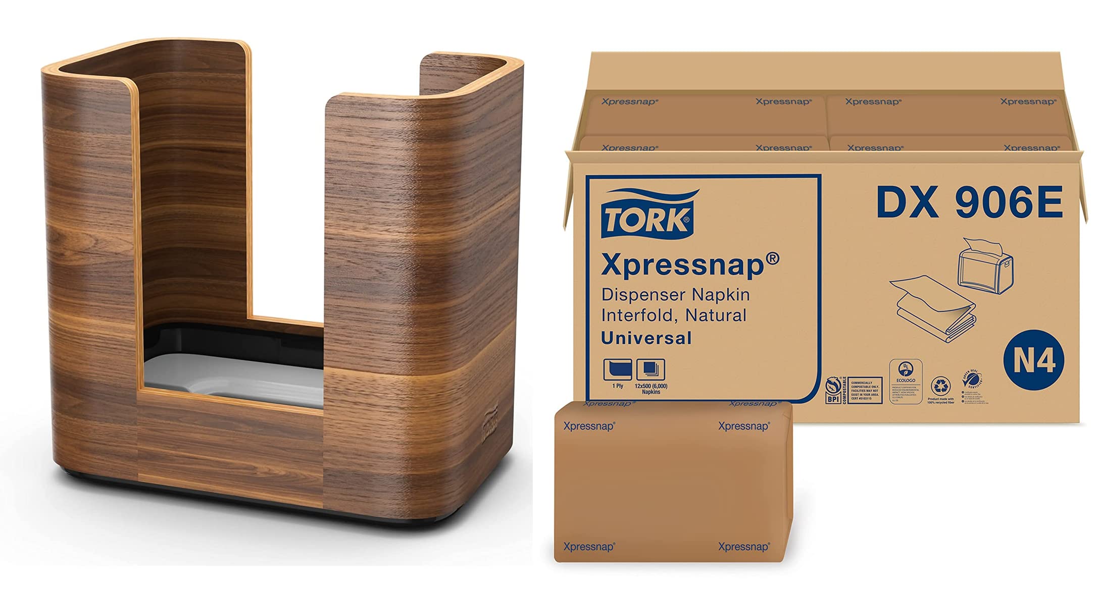 Tork Xpressnap Tabletop Napkin Dispenser in Walnut Finish with Universal Refill - 12 Packs of 500 Premium Paper Napkins for Restaurants, Cafes, and Home Dining