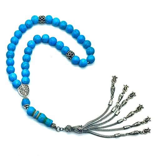 Synthetic Turquoise Stone Prayer Beads with Metal Tassel - (10 mm-33 beads)