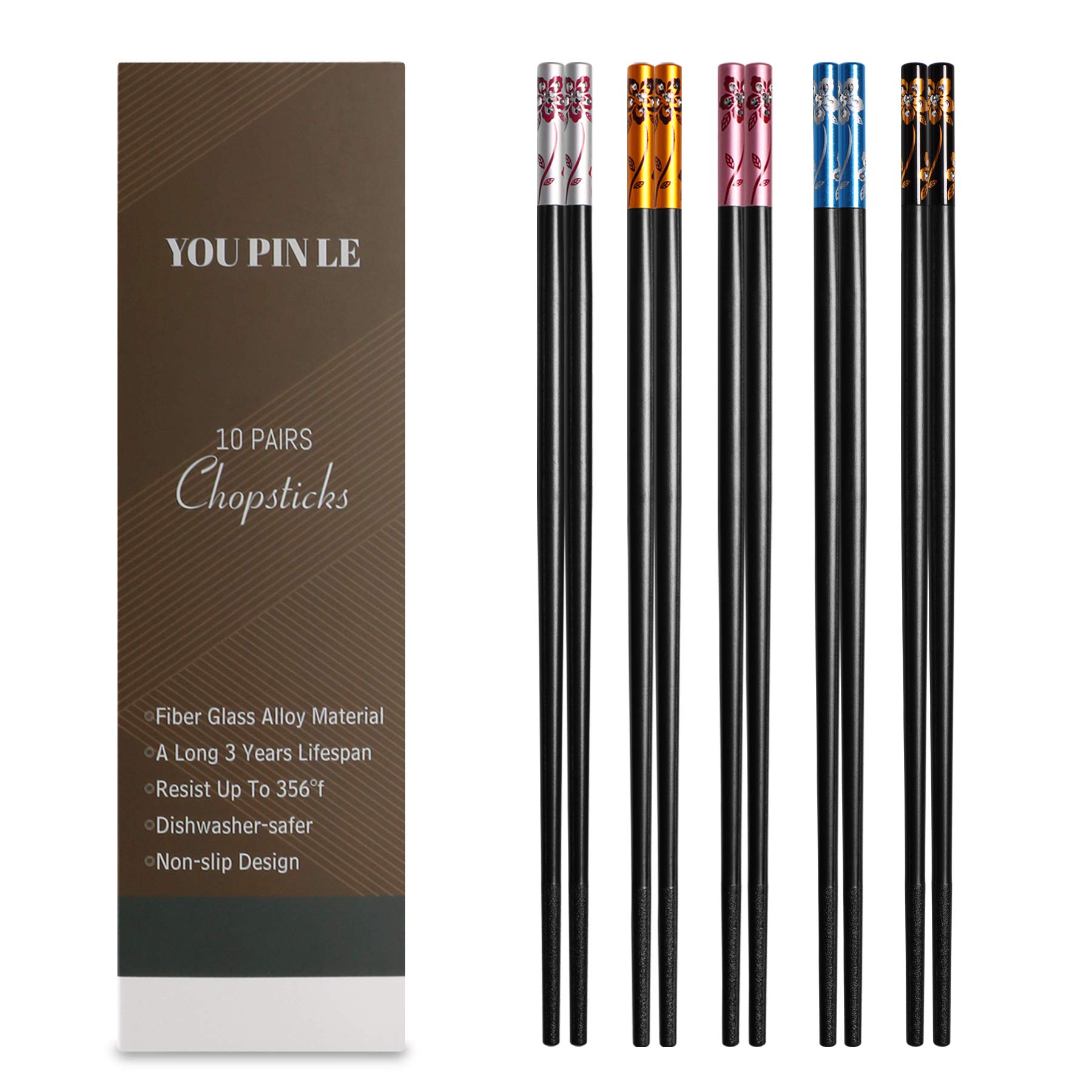 10 Pairs Reusable Fiberglass Chopsticks - Dishwasher Safe, 9.5 Inches, Multicolor - Perfect for Asian Cuisine, Sushi, Noodles & Home Dining