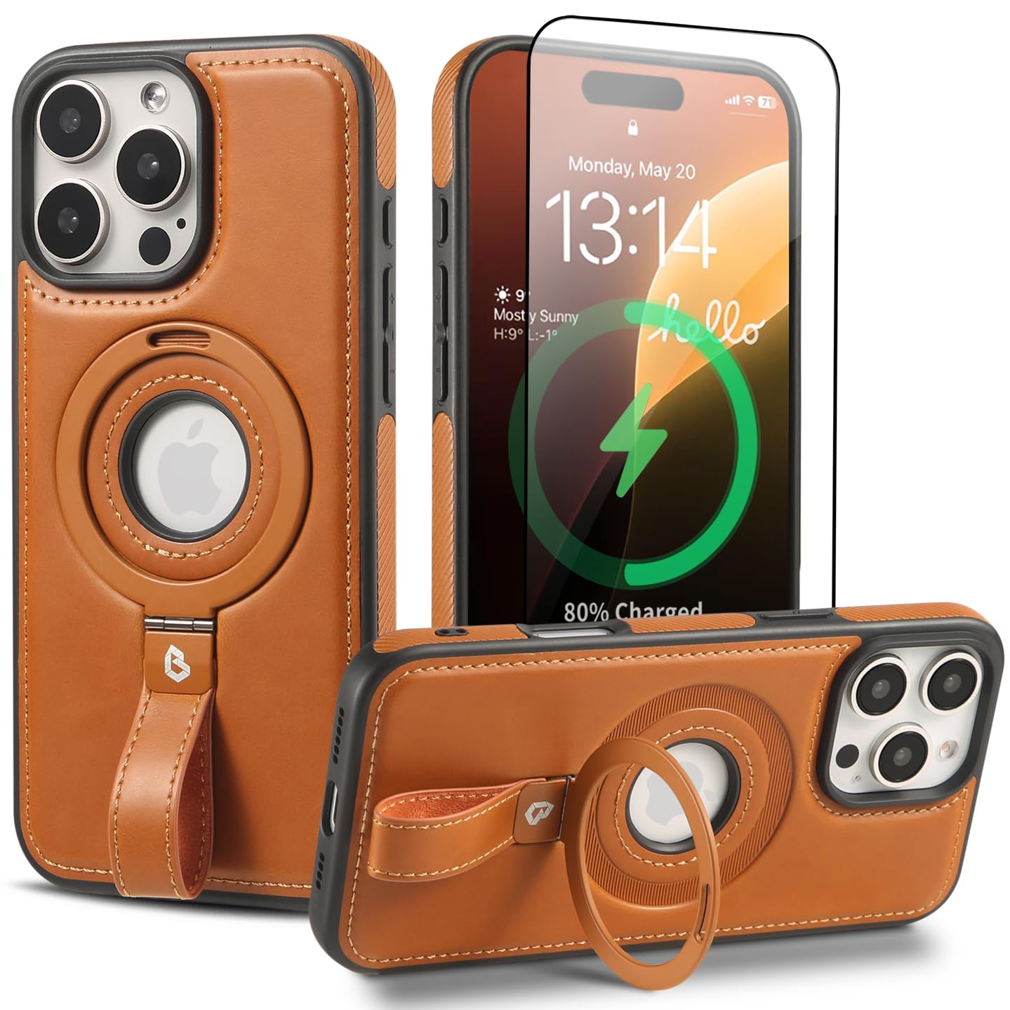 Magnetic Leather Case for iPhone 16 Pro Max with Screen Protector | Compatible with MagSafe | Built-in Kickstand & Grip Loop | Protective Cover for Men & Women (Brown) | Perfect for Work, Travel & Daily Use
