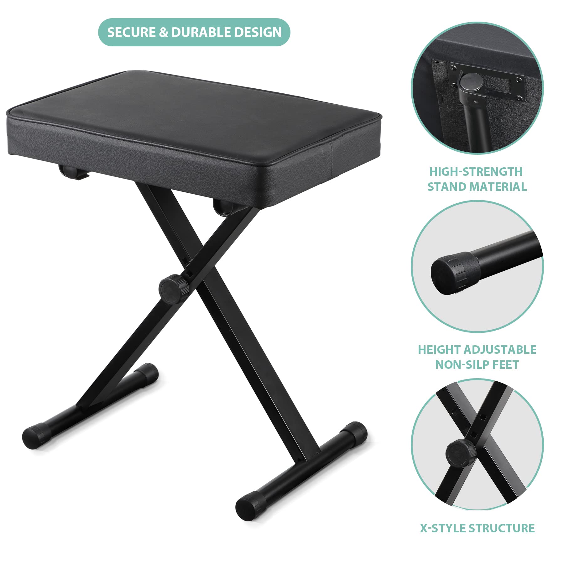 Adjustable Folding Padded Piano Bench - Portable Non-Slip Keyboard Stool with X-Style Frame | Perfect for Home, Studio & Travel Use - Black