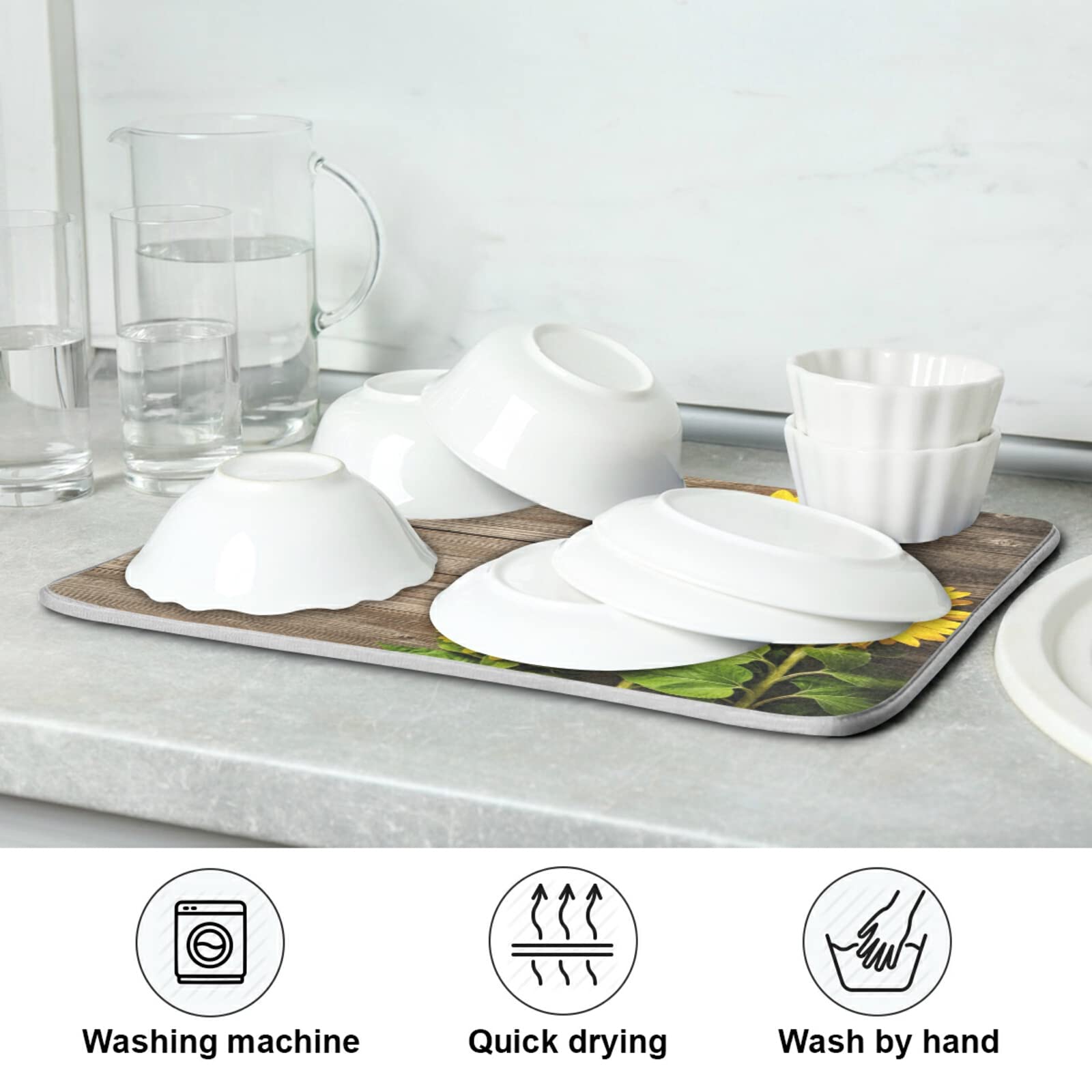 Sunflower Wood Print Coffee Bar Mat - 16x18 Inch Absorbent Dish Drying Pad for Coffee Maker, Espresso Machine & Dish Rack - Perfect for Home Kitchen Countertop & Coffee Station Accessories