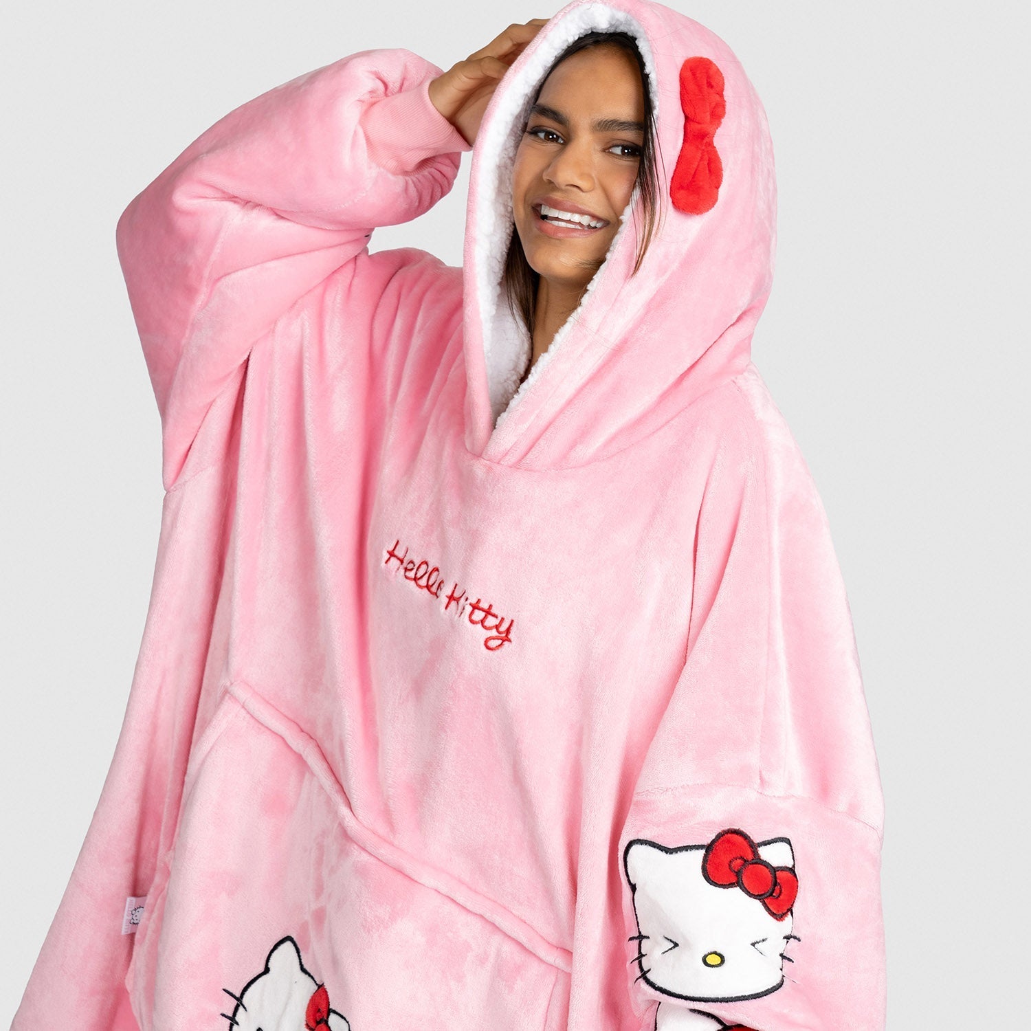 Hello Kitty Hooded Blanket with Bow - Soft Fleece Wearable Blanket for Women & Girls - Cozy Lounge Wear for Netflix, Gaming & Relaxing at Home