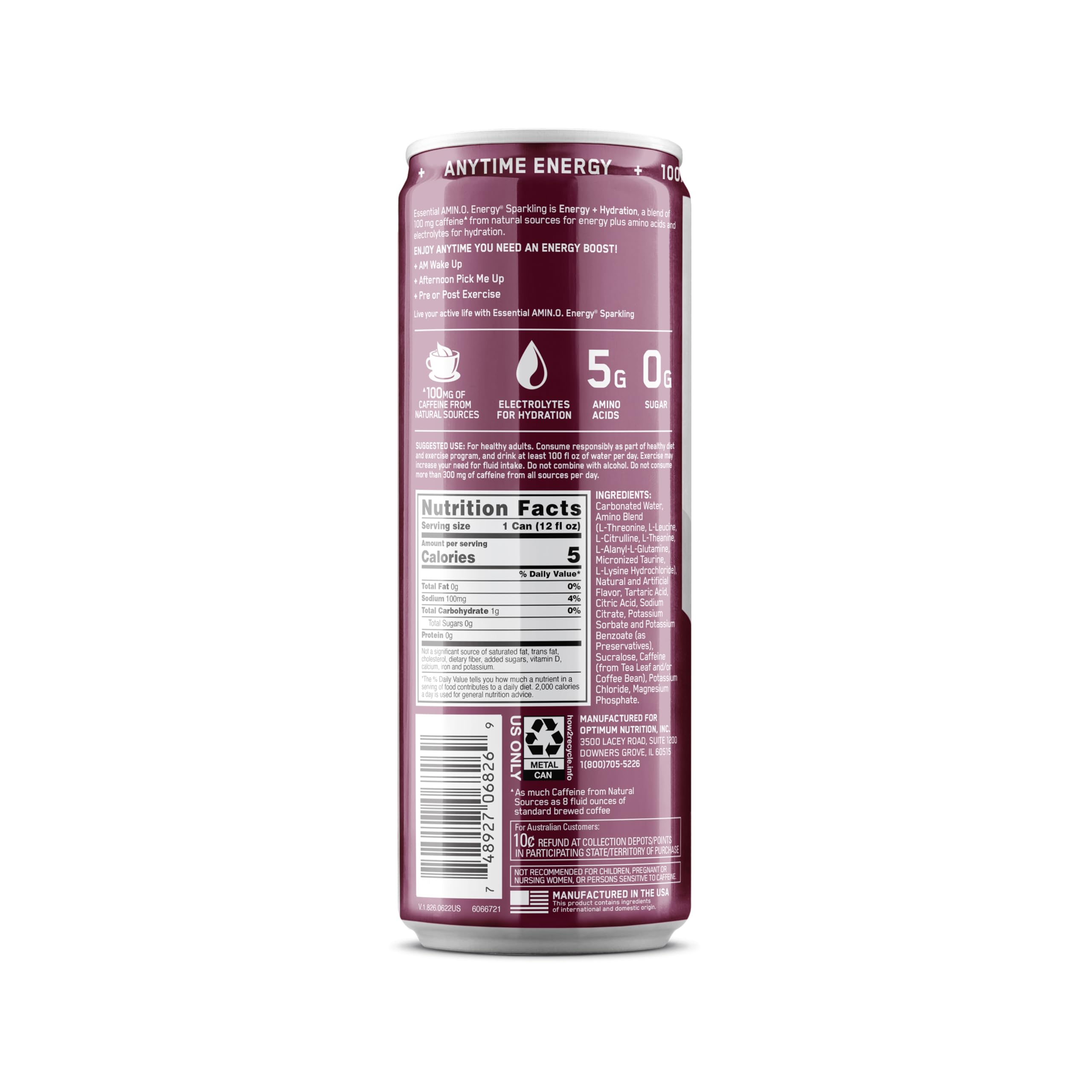 Optimum Nutrition Amino Energy Sparkling Hydration Drink with Electrolytes, Caffeine & BCAAs - Sugar Free, Berry Burst Flavor, 12 Fl Oz (12 Pack) | Pre-Workout Boost & Post-Workout Recovery Drink