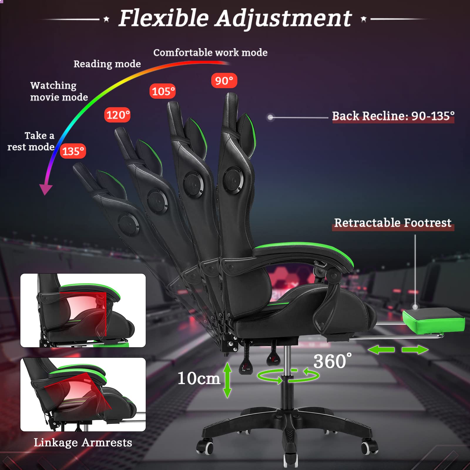Ergonomic Gaming Chair with Bluetooth Speakers, RGB LED Lights & Lumbar Support - Massage Computer Chair with Adjustable Footrest for PC & Console Gamers (Light Green/Black) - Perfect for Esports, Streaming & Home Office Setup