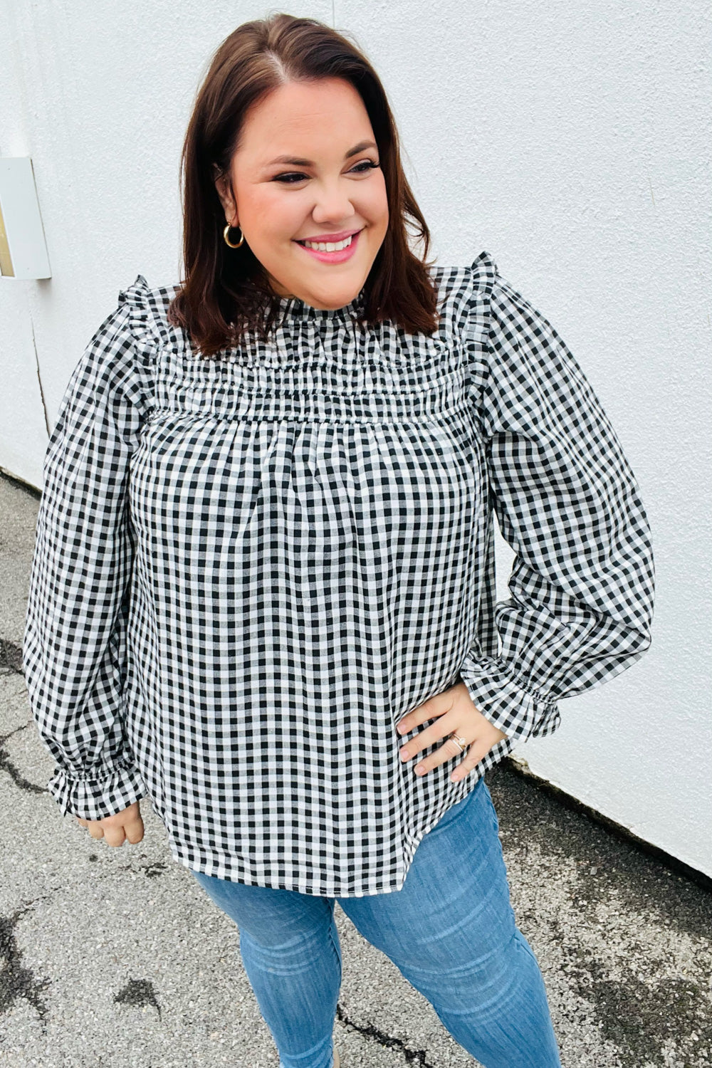 Stylish Black Gingham Shirred Yoke Mock Neck Frilled Top for Women | Vintage-Inspired Blouse for Casual Outfits & Date Nights