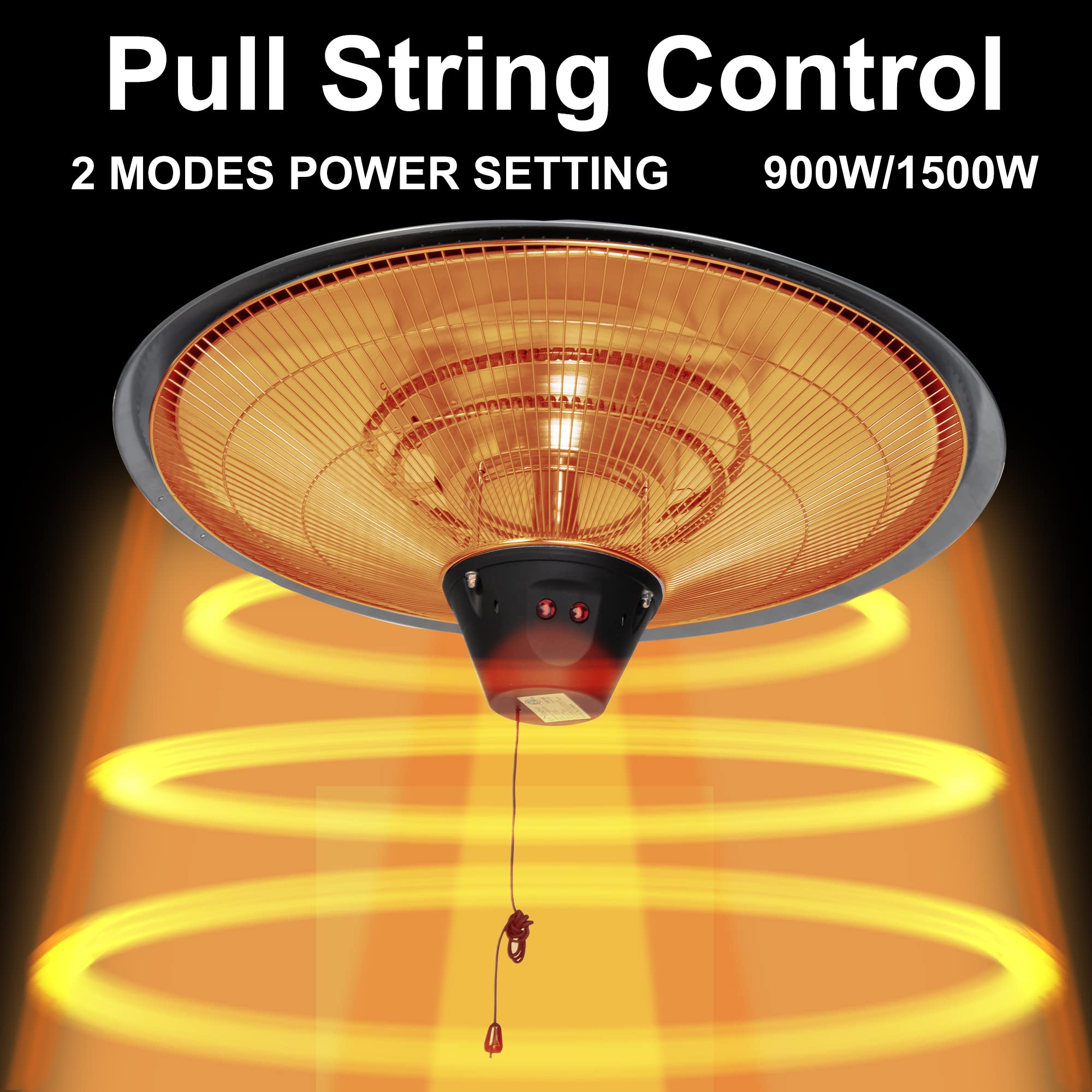 900W/1500W Electric Patio Heater - Waterproof IP24 Infrared Heater for Indoor & Outdoor Use - Ceiling Mounted or Hanging - Perfect for Patios, Garages, and Restaurants