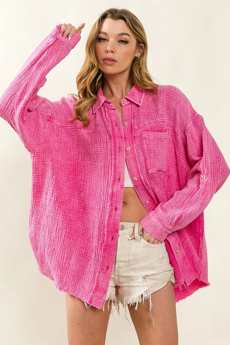 BiBi Raw Edge Detailed Mineral Washed Loose Fit Shirt for Women | Distressed Vintage Style Casual Top | Perfect for Streetwear, Layering & Everyday Outfits