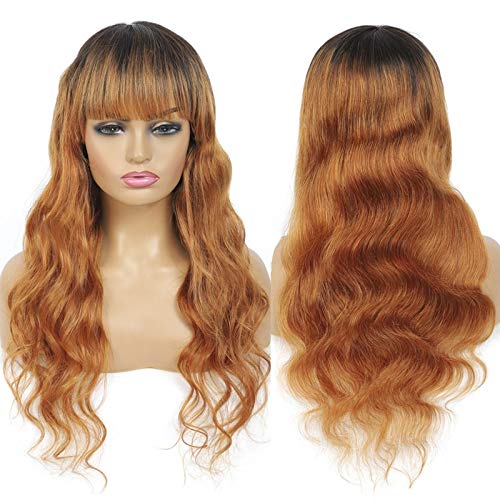 Premium Human Hair Wigs with Bangs - Blonde, Brown & Red Ombre Wigs for Black Women | 150% Density Machine-Made Hair Extensions (Color: T1B 30) | Perfect for Daily Wear, Cosplay & Special Occasions