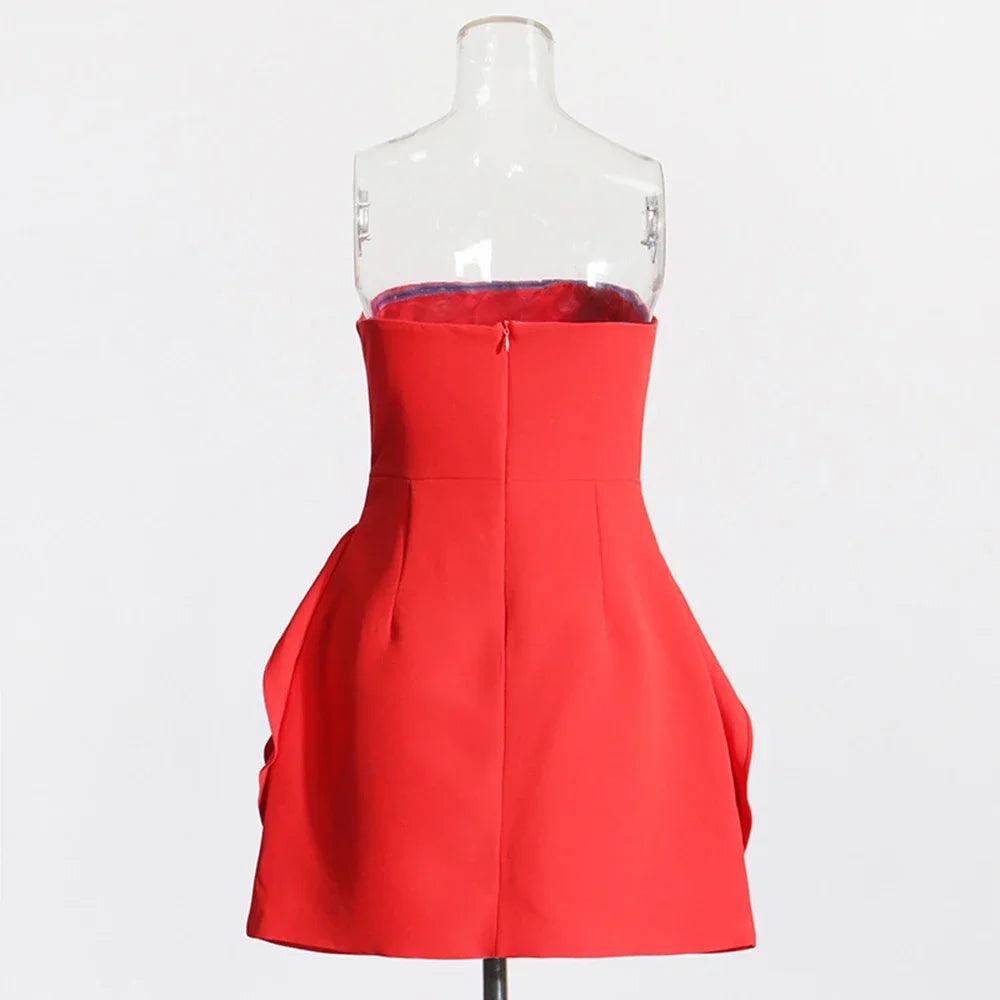 Sexy Red Strapless Mini Dress for Women - Tight 3D Flower Embellished Party Dress | Summer 2024 Fashion | Perfect for Cocktail Parties, Date Nights & Celebrity Events