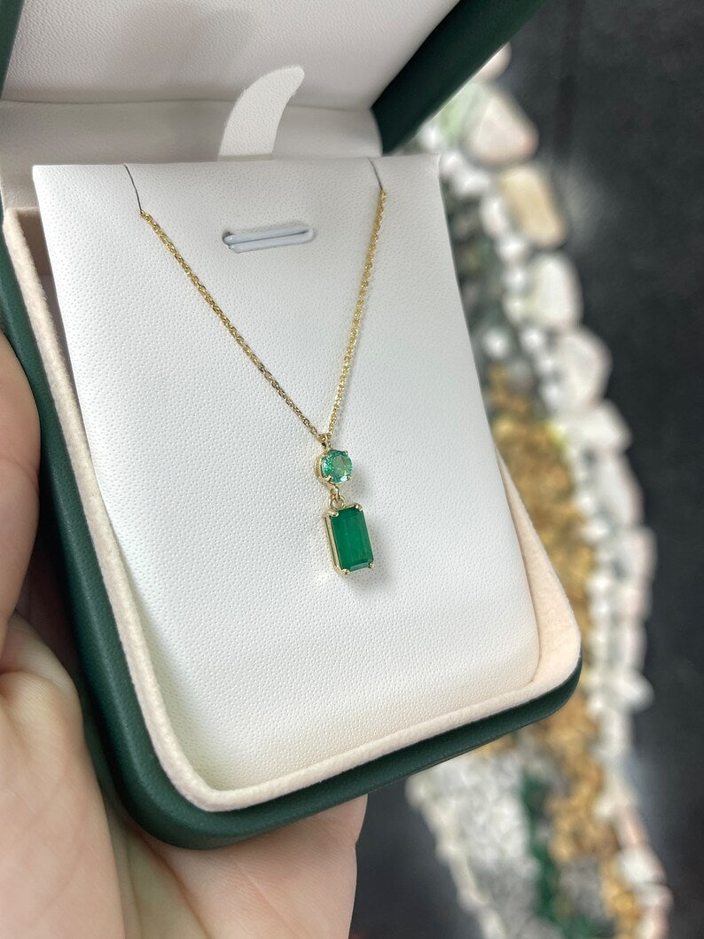 2.14tcw 14K Gold Vertical Emerald Cut & Round Dangle 4 Prong Pendant Necklace for Women - Elegant Layering Jewelry Gift for Birthday, Anniversary & Valentine's Day