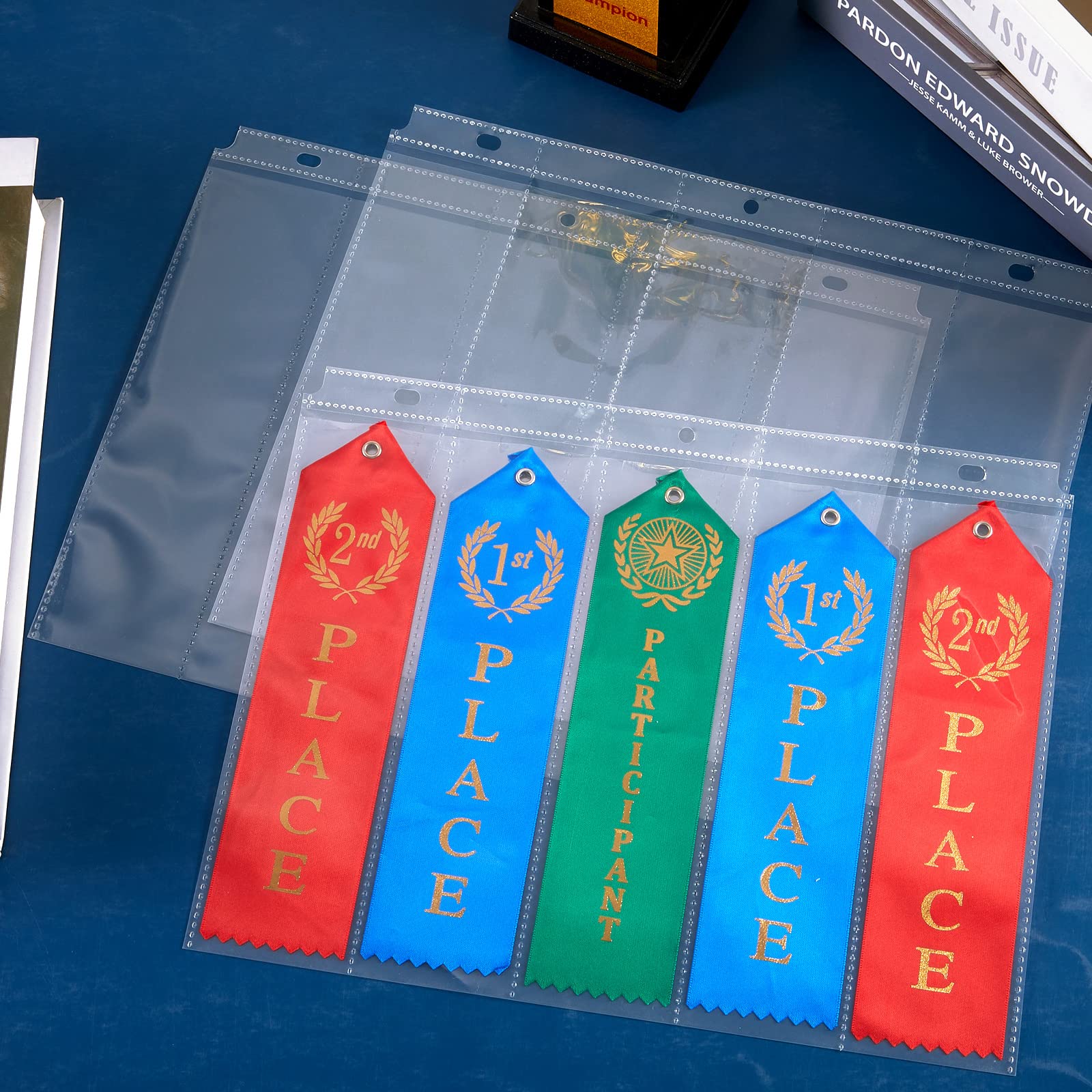Henoyso Award Ribbon Organizer - 50-Piece Clear Plastic Binder Pages for Swimming & Gymnastics Medals, Prize Display & Scrapbooking - Perfect for 3-Ring Binders, Competition Storage & Trophy Organization