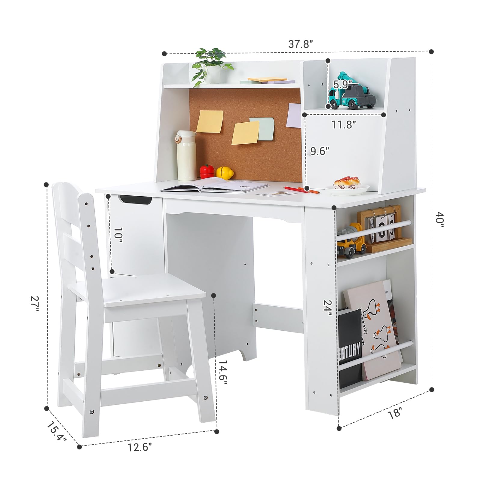 Kids Study Desk and Chair Set with Storage - White Learning Table with Bookshelf & Cabinets for Boys & Girls Ages 3-8 | Perfect for Homeschooling, Online Classes & Homework Organization in Bedroom or Playroom