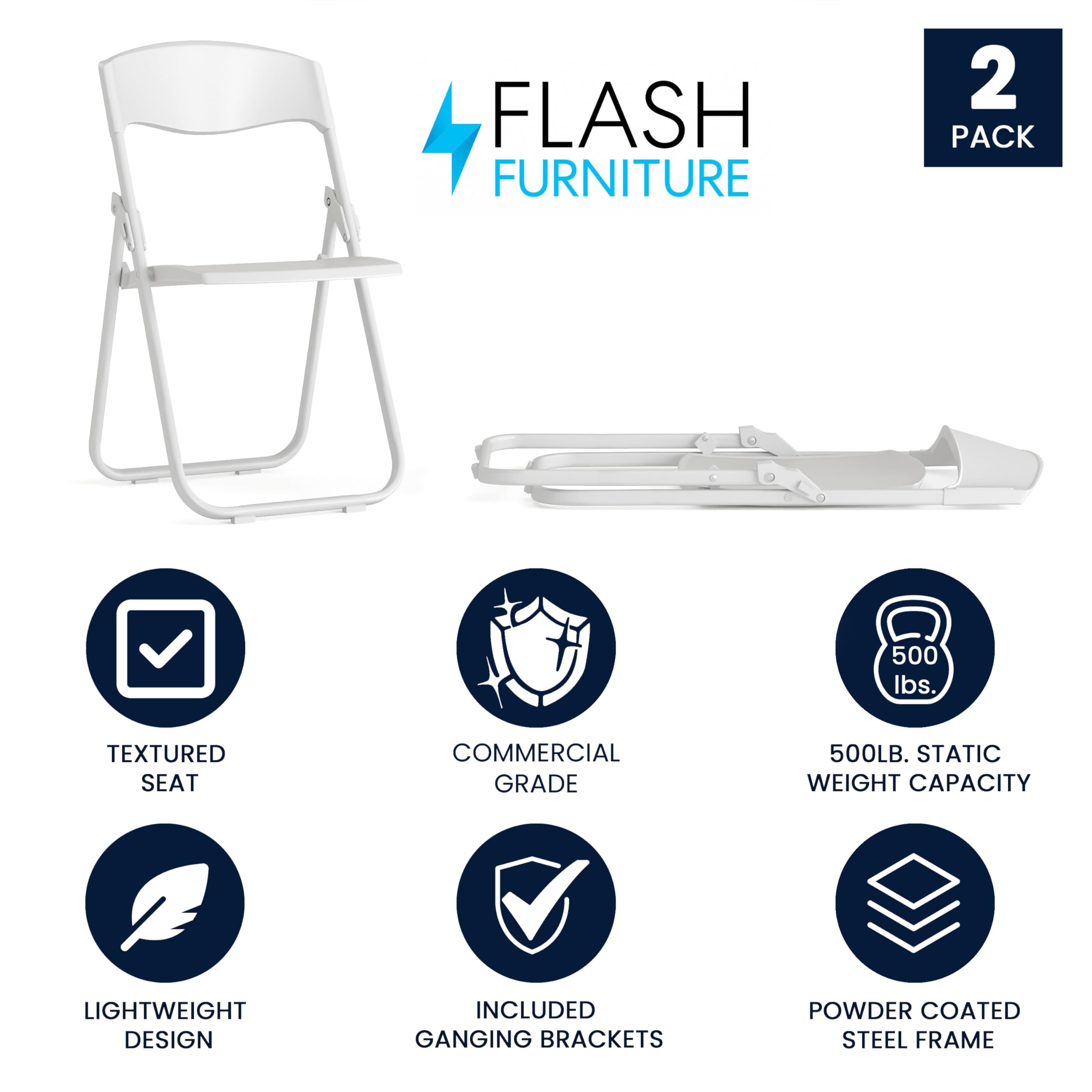 Flash Furniture 2-Pack HERCULES Series 500 lb Capacity Heavy Duty White Plastic Folding Chairs with Built-in Ganging Brackets - Perfect for Events, Parties, and Commercial Use