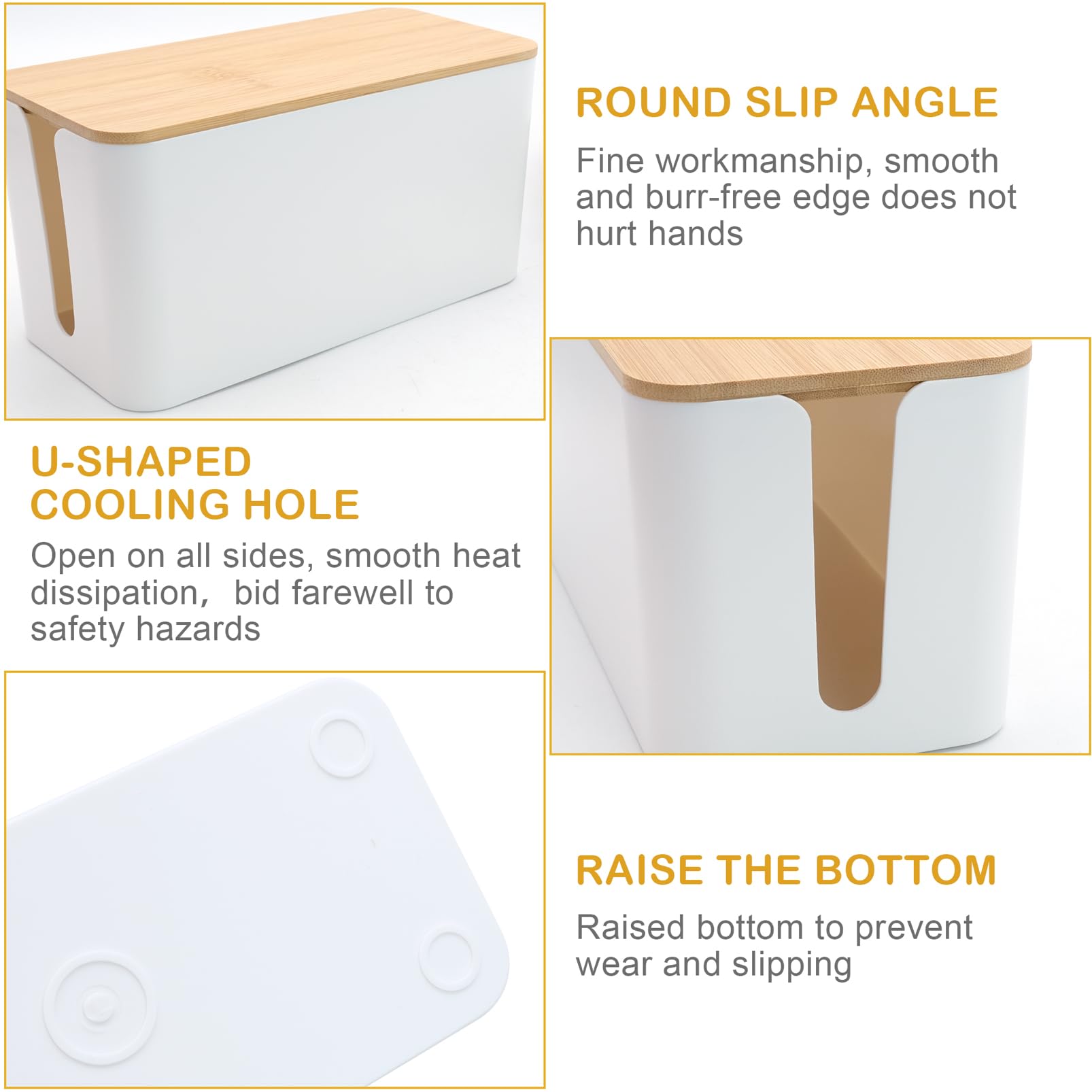 White Cable Organizer Box with Bamboo Lid - Cord Management Solution for Hiding Wires & Power Strips - Perfect for Home Office, Living Room & Bedroom Cable Storage