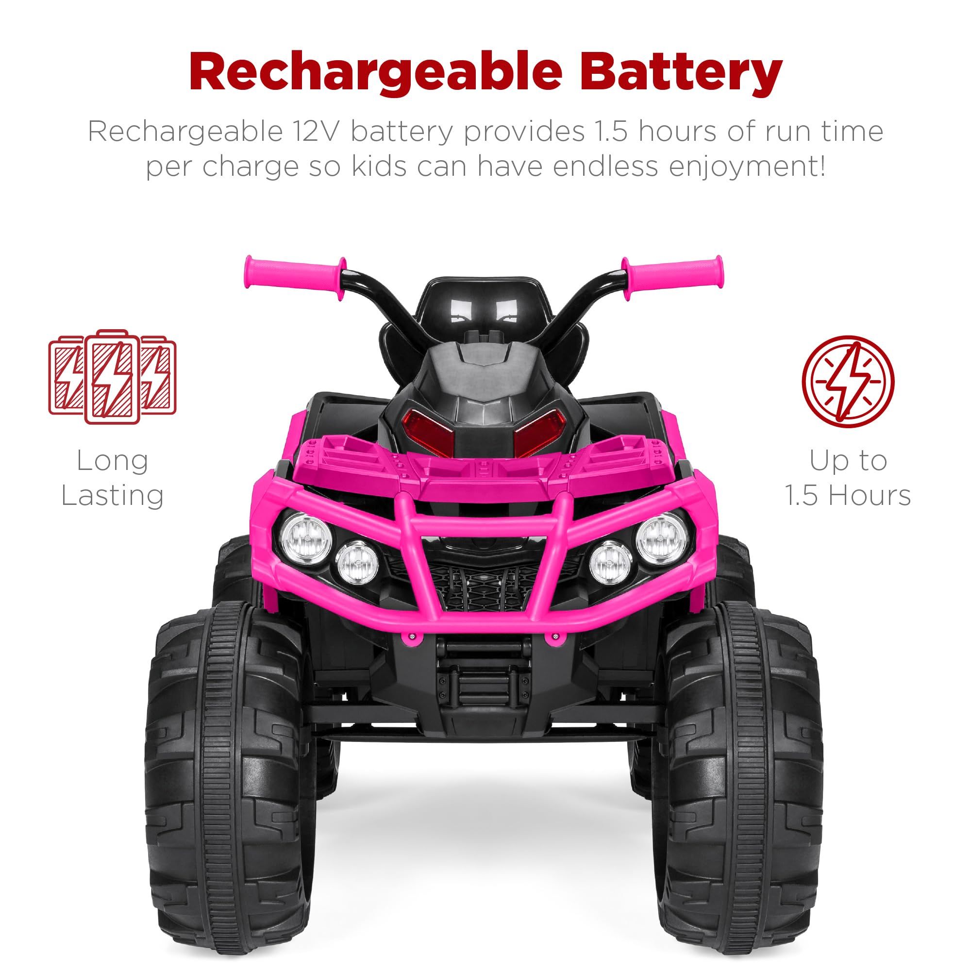 Best Choice Products 12V Kids Ride-On Electric ATV Quad Car Toy - Bluetooth Audio, 3.7mph Max Speed, Treaded Tires, LED Headlights, Radio - Hot Pink | Perfect for Outdoor Play, Birthday Gifts & Toddler Adventure Rides