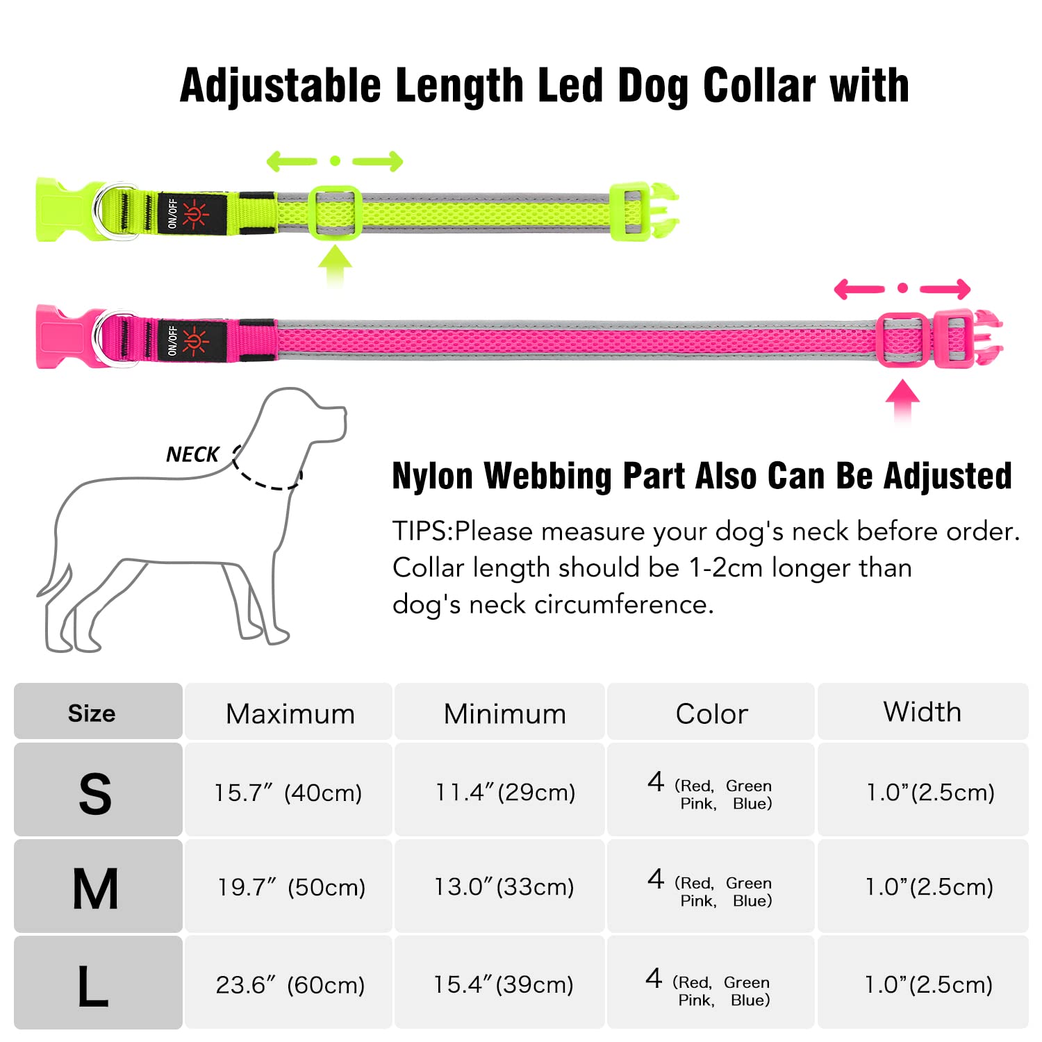 Flashseen LED Dog Collar - USB Rechargeable Light Up Safety Collar with Adjustable Soft Mesh for Small Medium Large Dogs (Large, Candy Pink) - Perfect for Night Walks, Jogging & Outdoor Adventures