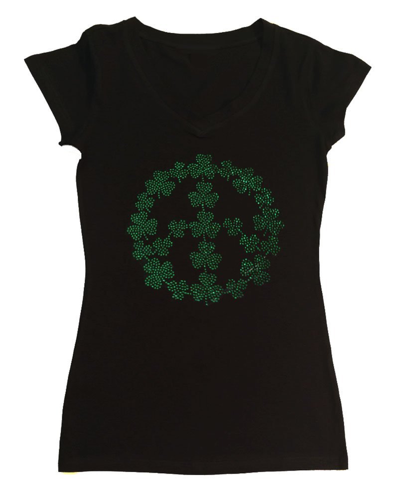 Women's Rhinestone Fitted Tight Snug Shirt - St. Patrick's Day Peace Sign Design | Perfect for Parties, Festivals & Holiday Celebrations