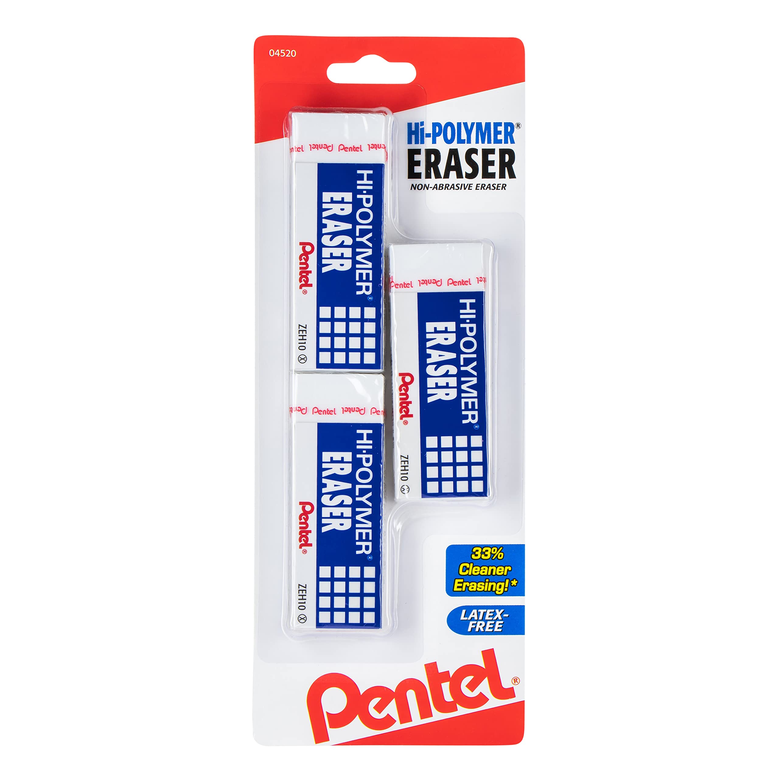 Pentel Hi-Polymer Block Eraser - Large White Erasers (3-Pack) for School, Office & Art - Premium Quality Eraser for Pencils & Drafting - ZEH10BP3-K6