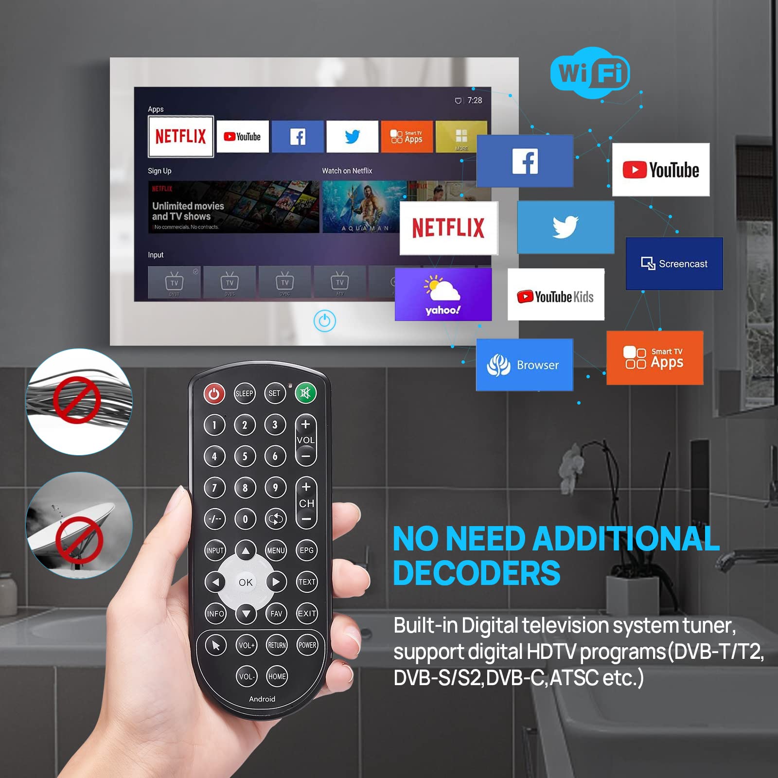 Haocrown 15.6 Inch Waterproof Smart Mirror TV with Touch Screen - Full HD 1080P, Built-in Wi-Fi 2.4/5G & Bluetooth, ATSC Tuner, USB/HDMI, Wall Mountable (8+64GB, HG156BM) - Perfect for Bathroom, Shower & Kitchen Entertainment