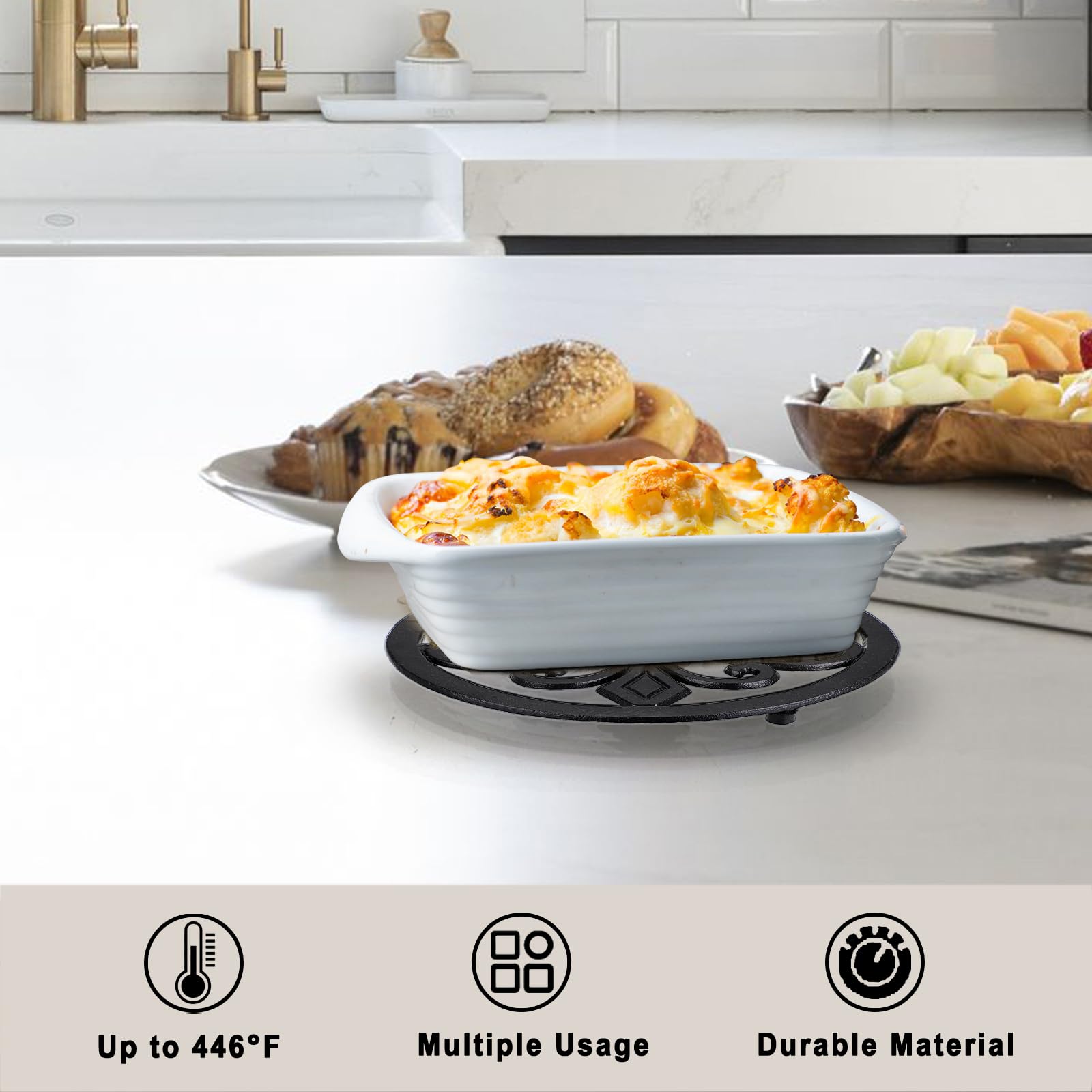 Sumnacon 2-Pack 8 Inch Round Cast Iron Trivets - Heat Resistant Hot Plate Holders for Pots, Pans, Dishes & Teapots - Rustic Kitchen Countertop Protectors for Dining Table, Stovetop & Cooktop Use