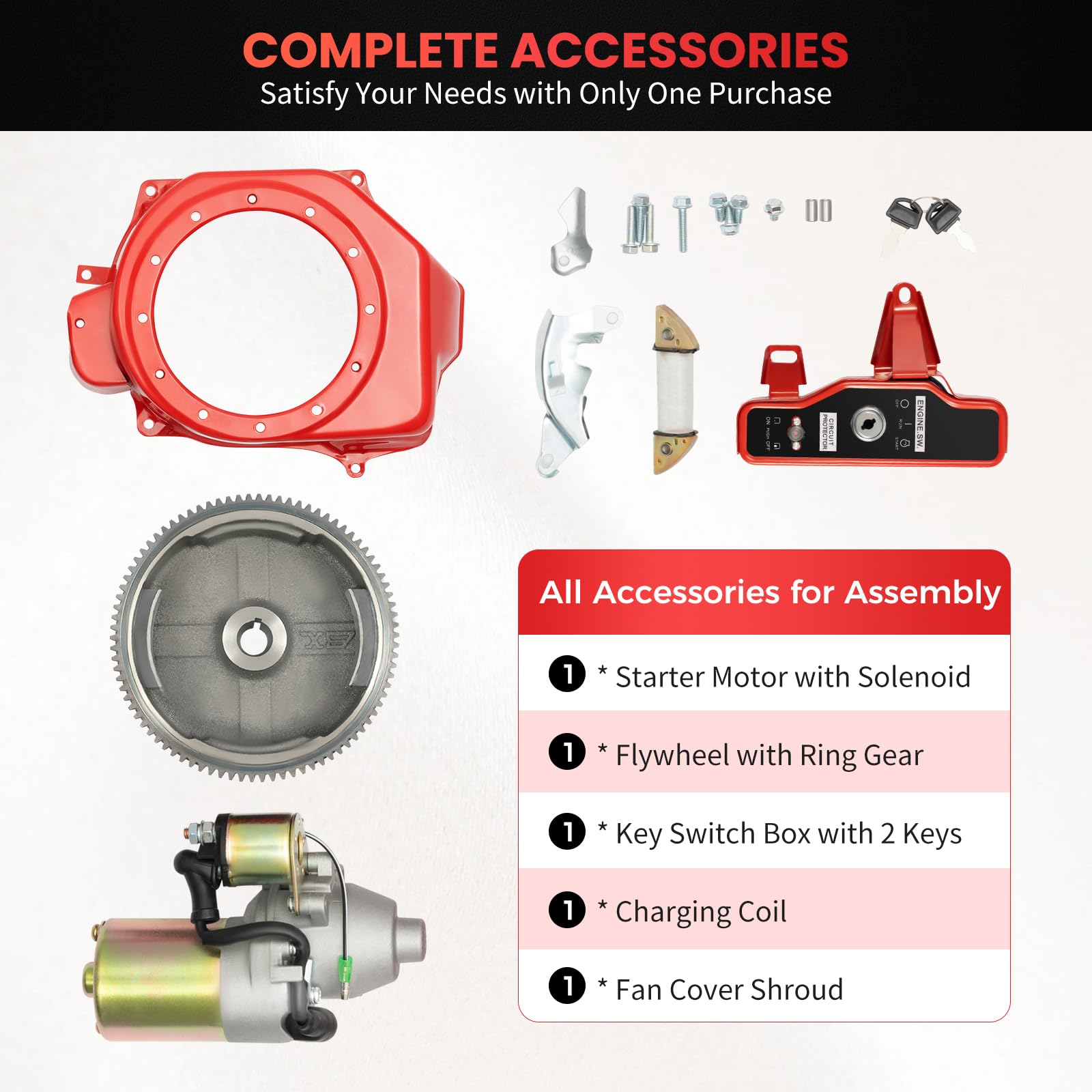 Honda GX160 GX200 5.5HP 6.5HP Electric Start Conversion Kit with Starter Motor, Flywheel, Charging Coil & Key Switch - Perfect for Small Engine Repair, Lawn Mowers, Pressure Washers & Generators