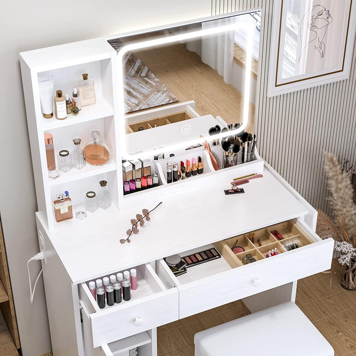IRONCK White Vanity Desk with LED Lighted Mirror, Power Outlet & Storage Stool - Makeup Dressing Table with Drawers & Cabinet for Bedroom | Perfect for Beauty Routine, Cosmetics Organization & Home Decor