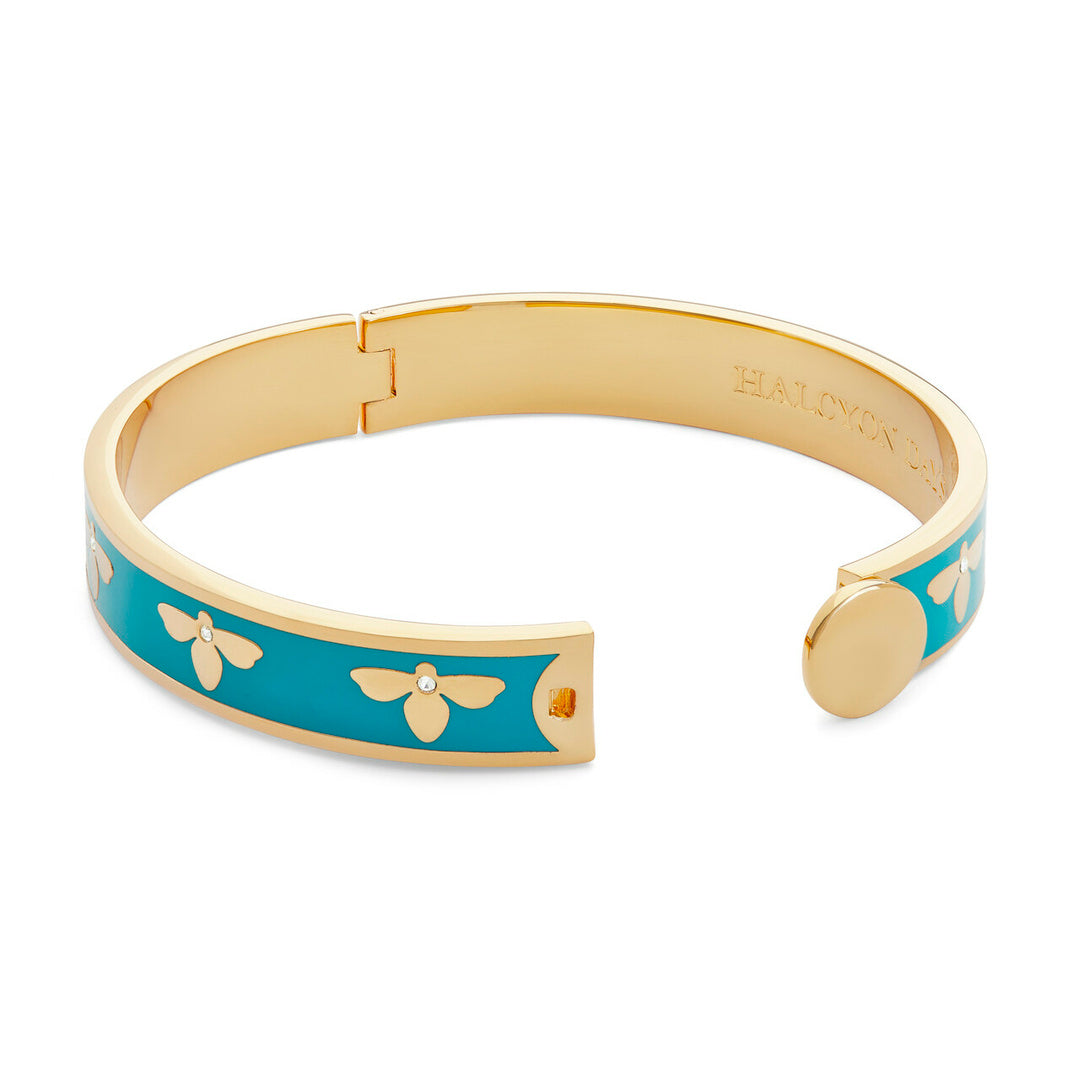 Bee Enamel Hinged Bangle Bracelet - Turquoise Blue Jewelry for Women, Boho Chic Accessories for Casual Wear, Party & Gift Giving
