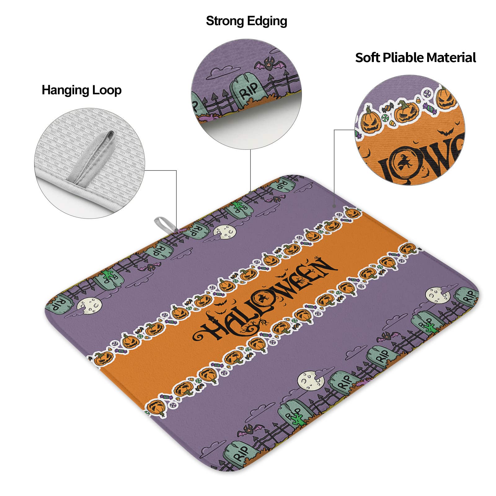 Halloween Pumpkin Tombstone Dish Drying Mat - Purple Microfiber Absorbent Kitchen Counter Mat, Reversible Quick-Dry Dish Drainer Rack (16x18 Inch) | Machine Washable | Perfect for Halloween Decor & Kitchen Counter Protection
