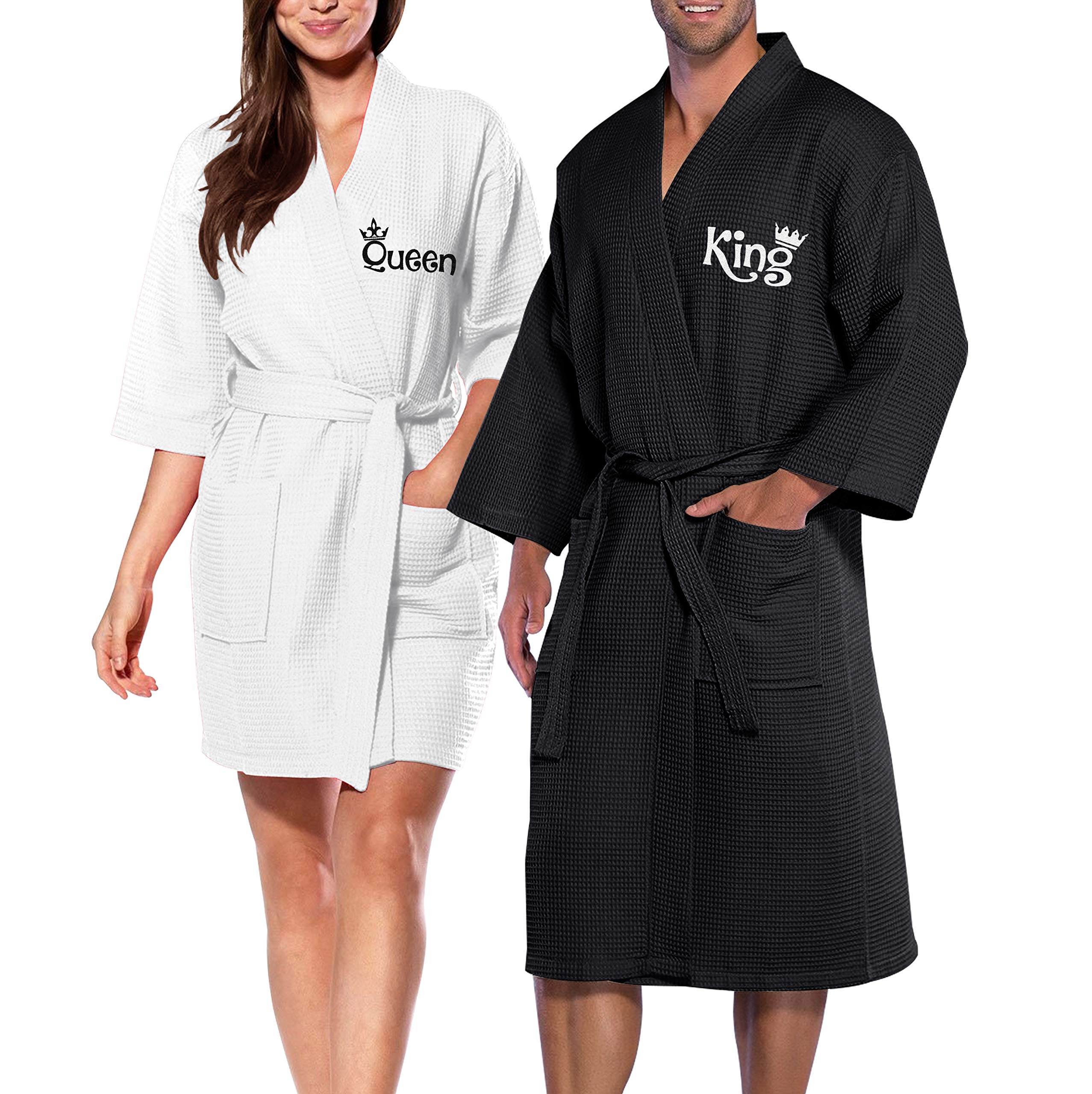 NACRE APPAREL Embroidered Cotton Waffle Robe for Men & Women - Queen/King Size Couples Bathrobe with Spa Kimono Design - Perfect for Honeymoon, Hotel Stay, Bridal Shower, and Relaxing at Home