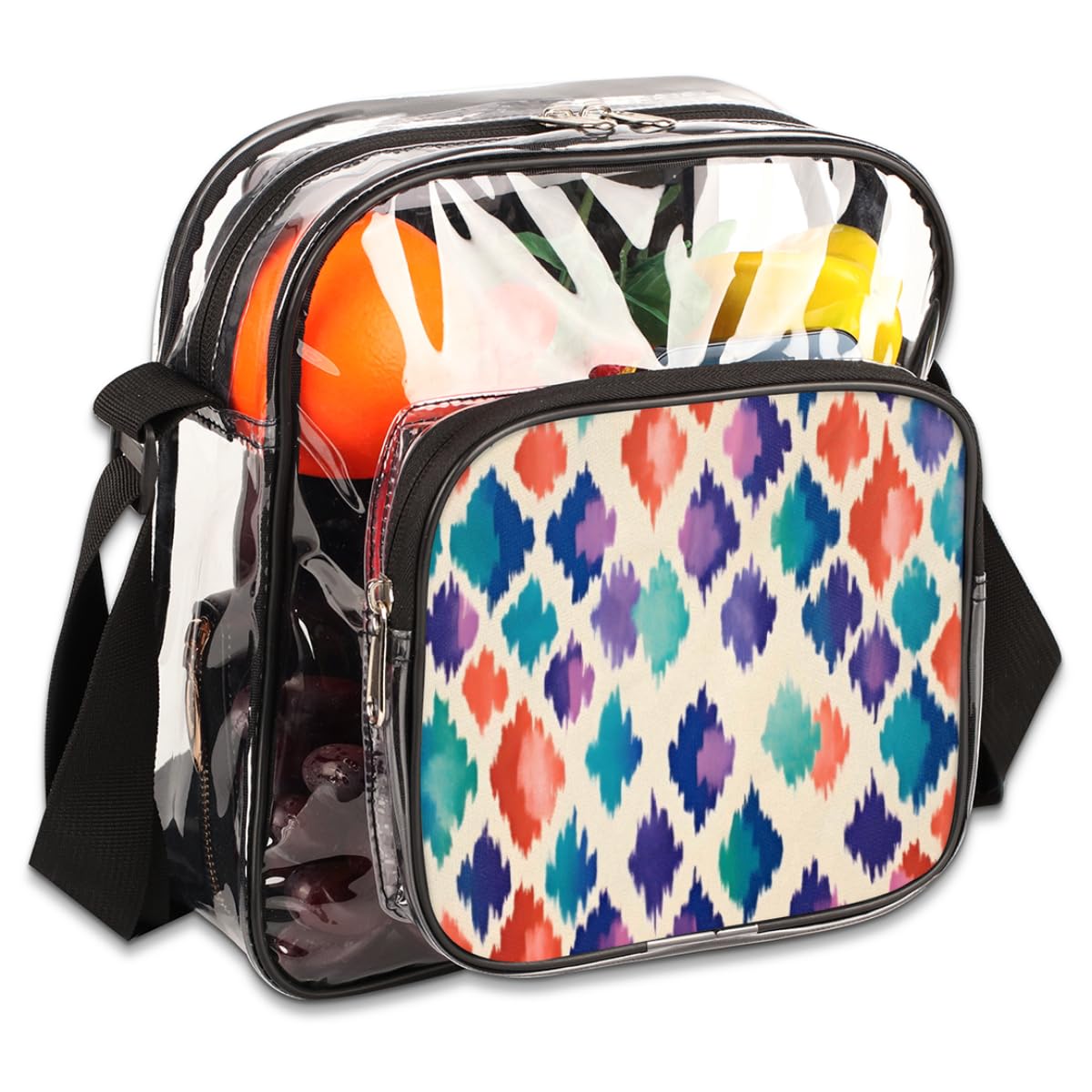 Mularoka Ikat Boho Clear Crossbody Purse Bag for Women & Men - Stylish Ikat Pattern Stadium Approved Clear Shoulder Bag for Concerts, Festivals & Sports Events - Perfect for Music Festivals, NFL Games & Theme Parks