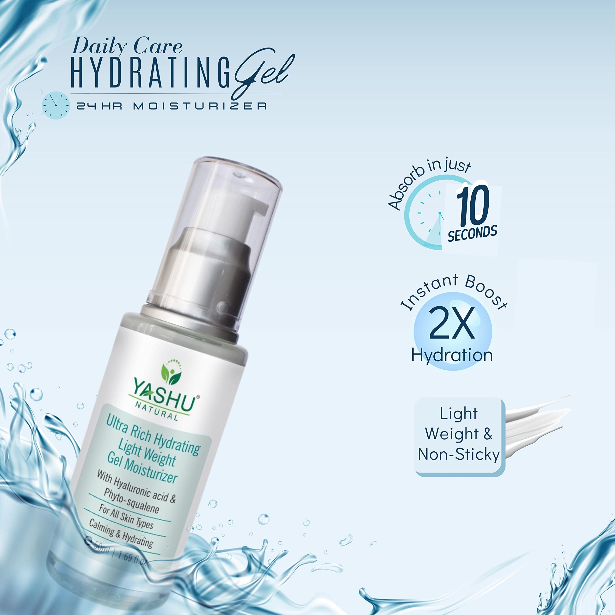 YASHU Lightweight Hydrating Gel Cream with Hyaluronic Acid & Squalane - Brightening Moisturizer for Glowing Skin, Improves Skin Smoothness & Evens Skin Tone (50ml) | Perfect for Daily Skincare Routine & Nighttime Hydration