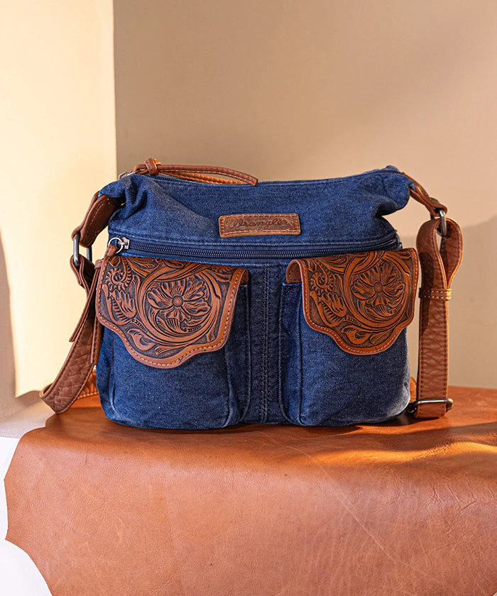 Wrangler Floral Embossed Denim Crossbody Bag for Women - Stylish & Durable Purse for Everyday Use, Shopping & Travel