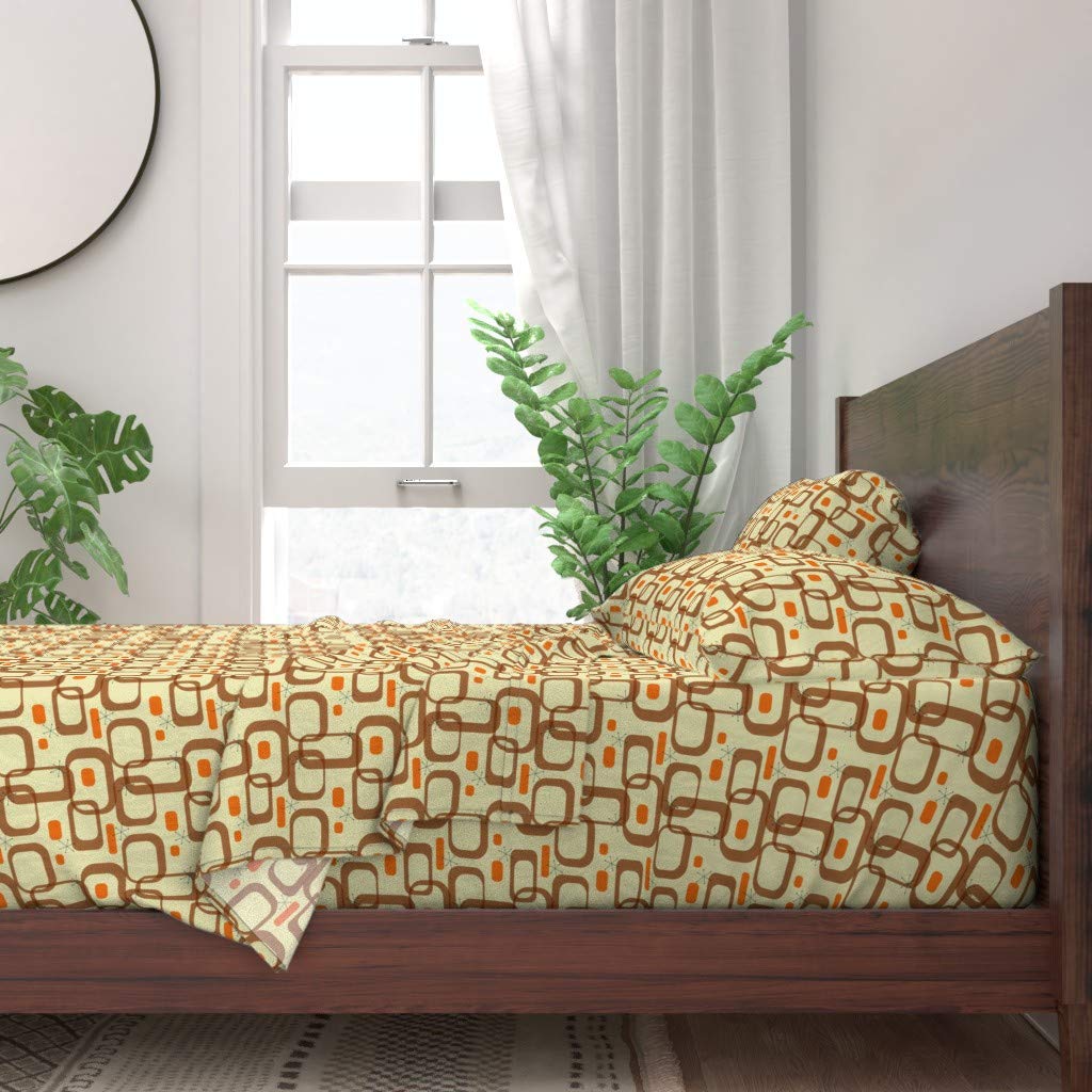 100% Cotton Twin Sheet Set 3pc - Orange Mid Century Modern Geometric Atomic Squares Retro Vintage Print | Custom Bedding for Bedroom Decor | Soft & Breathable Cotton Sheets for Comfortable Sleep