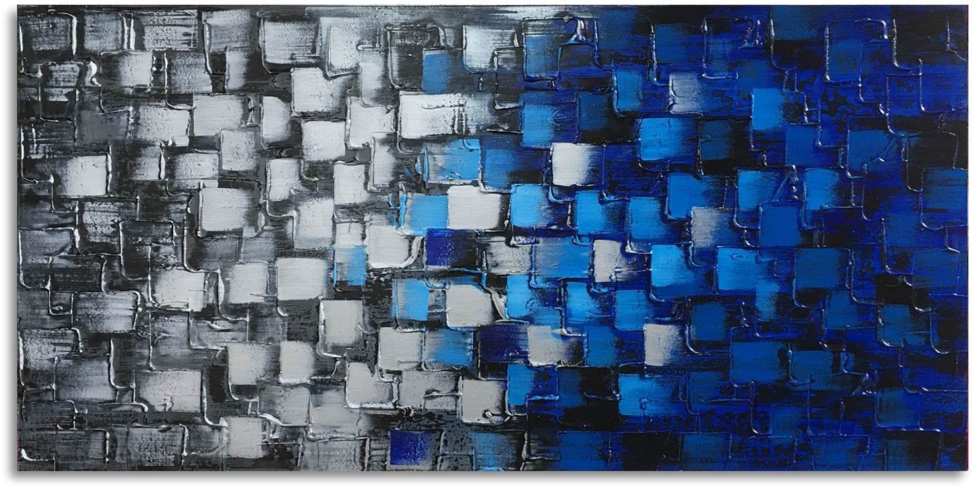 Large Textured Abstract Canvas Wall Art - Hand Painted Modern Dark Blue & Silver Squares Oil Painting - 60x30 Inch Framed Ready to Hang - Perfect for Living Room, Bedroom & Office Decor