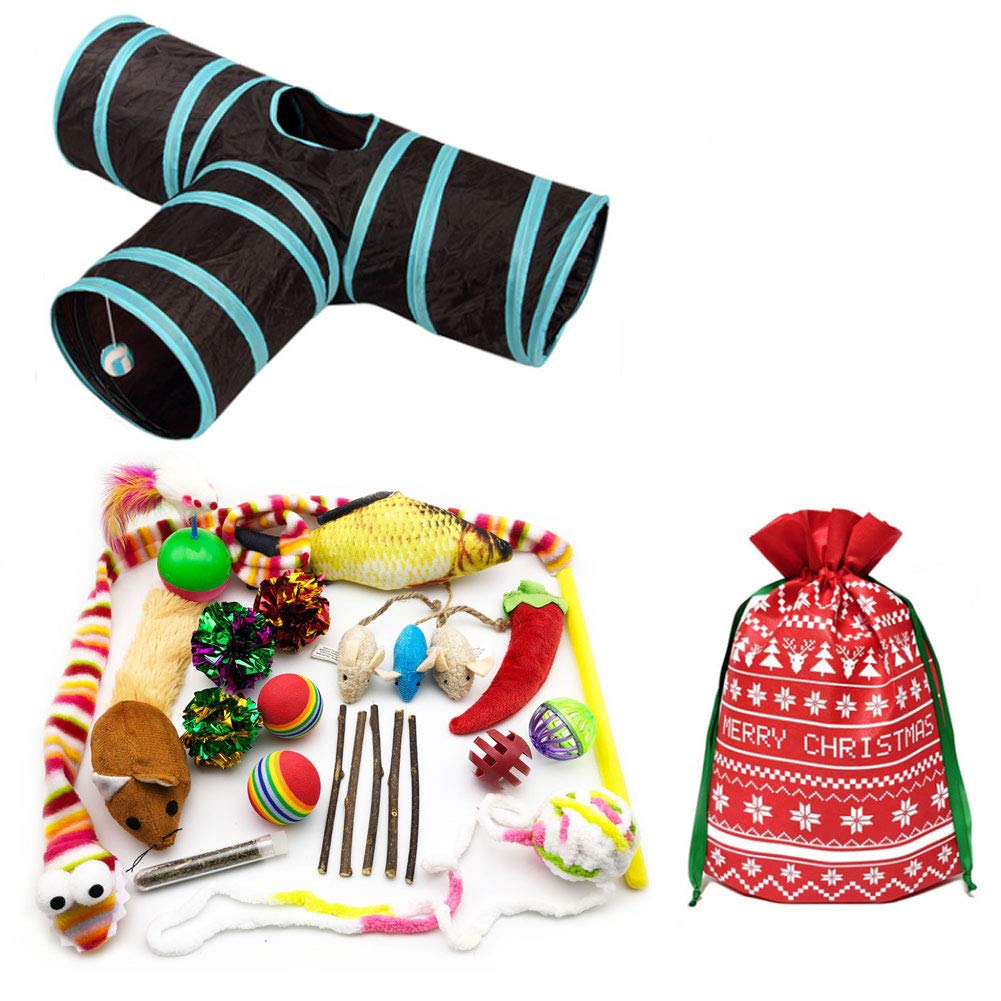 24-Piece Cat Toys Variety Pack - Interactive Wand, 3-Way Tunnel, Catnip Fish & Mouse, Crinkle Balls, Feather & Chew Toys - Deluxe Kitten Play Set for Indoor Cats | Perfect for Christmas Gifts, Birthday Presents & Playtime Stimulation