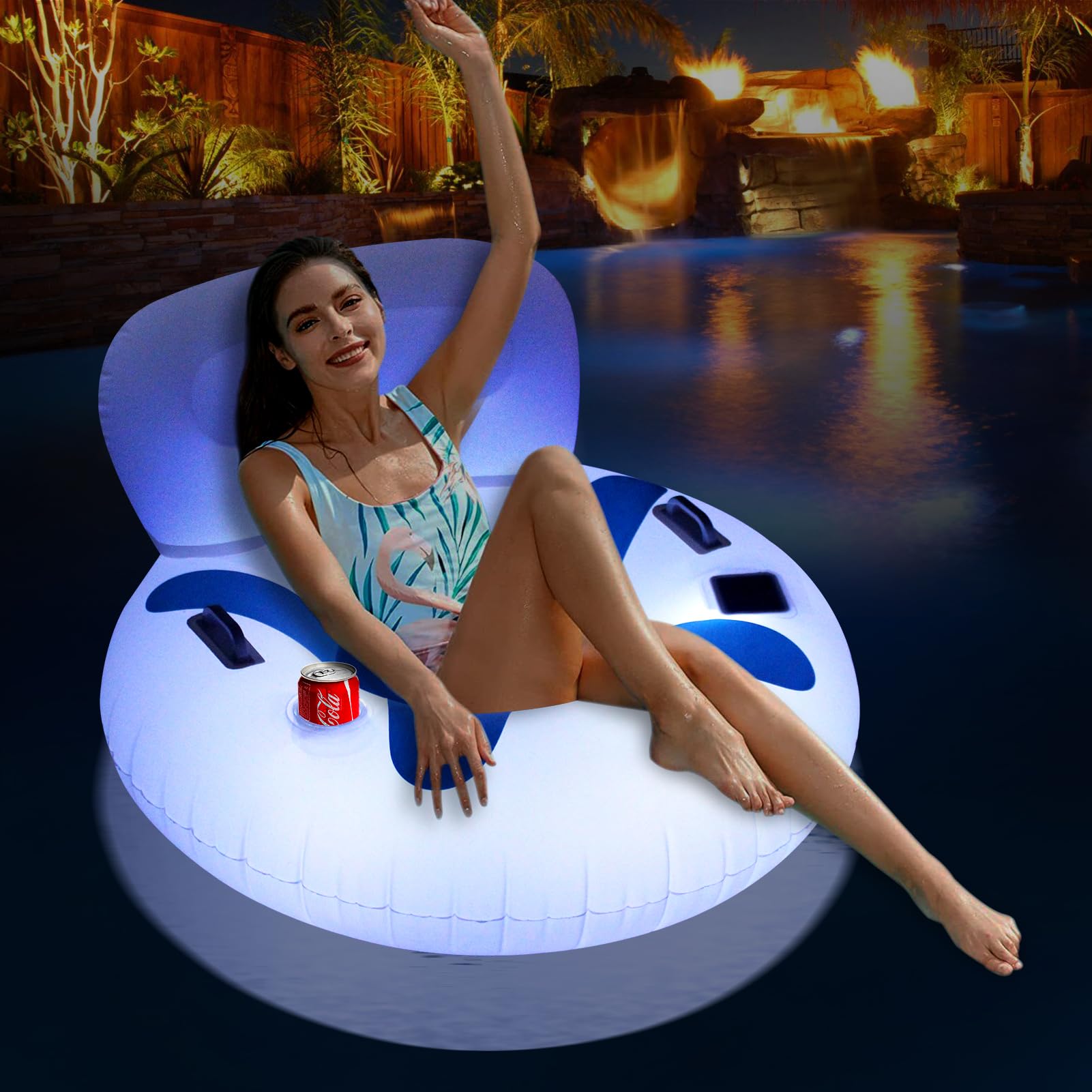 **Solar-Powered Inflatable Pool Float Chair with LED Lights - Heavy Duty Adult Pool Lounger with Large Backrest, Cup Holder & Handles | Perfect for Lake, Pool Parties & Summer Relaxation**