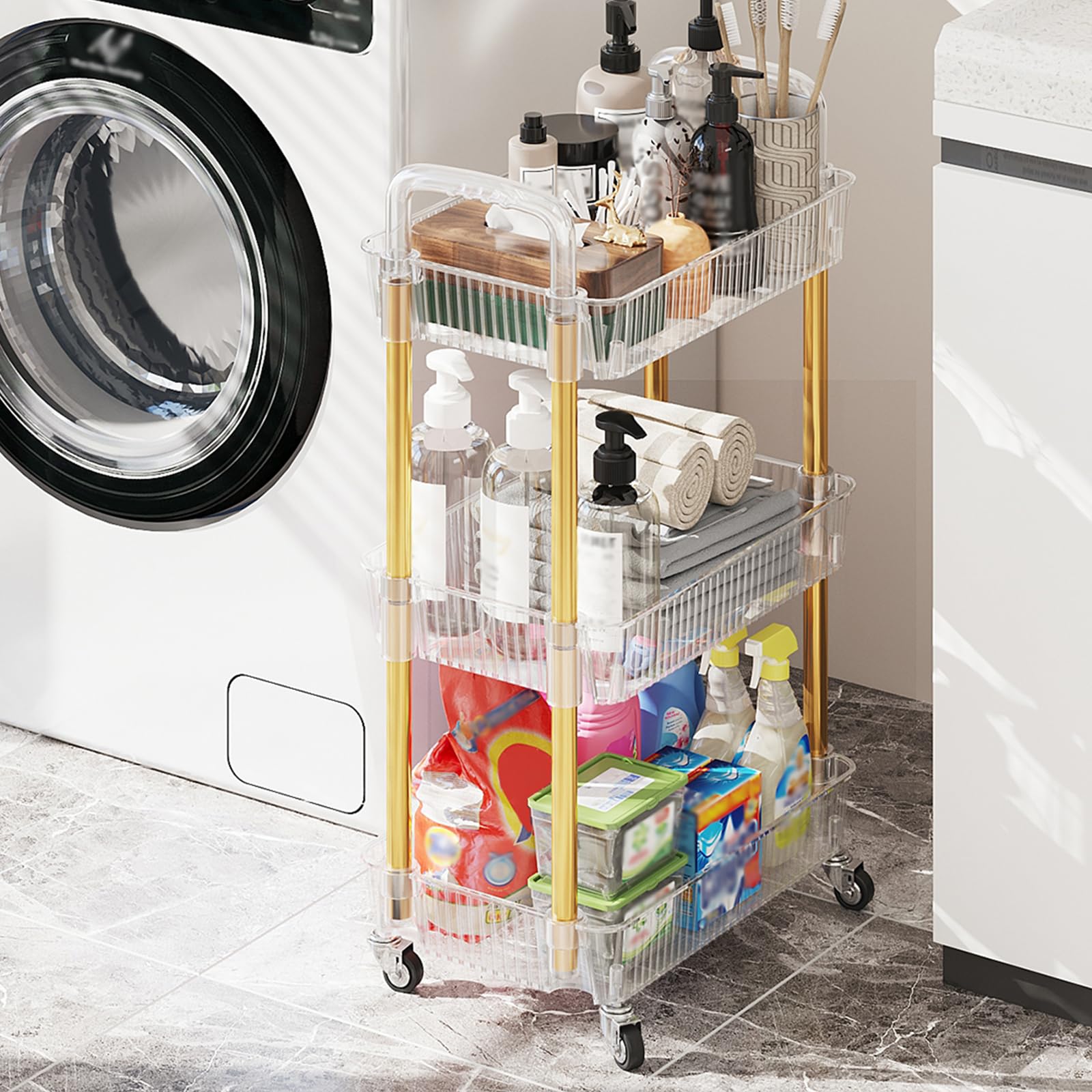 3-Tier Rolling Cart with Wheels - Sturdy Metal & PET Makeup Organizer, Snack Caddy for Kitchen, Bathroom, Office & Living Room - Golden Mobile Storage Cart for Beauty Products, Books & Home Essentials