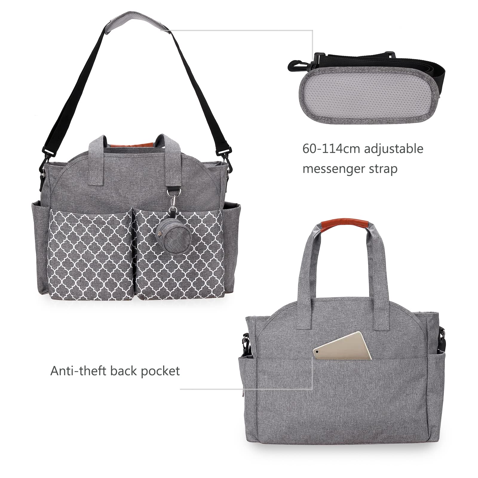 SONARIN Waterproof Baby Changing Bag - Large Capacity Diaper Tote for Travel & Outings (Grey)