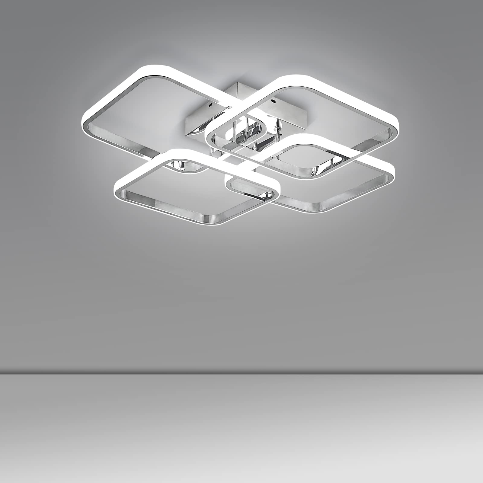 Dimmable Modern 4-Ring Square LED Ceiling Light with Remote Control - 48W Chrome Acrylic Lighting Fixture for Living Room, Dining Room, Kitchen & Office - Perfect for Ambient Lighting and Home Decor