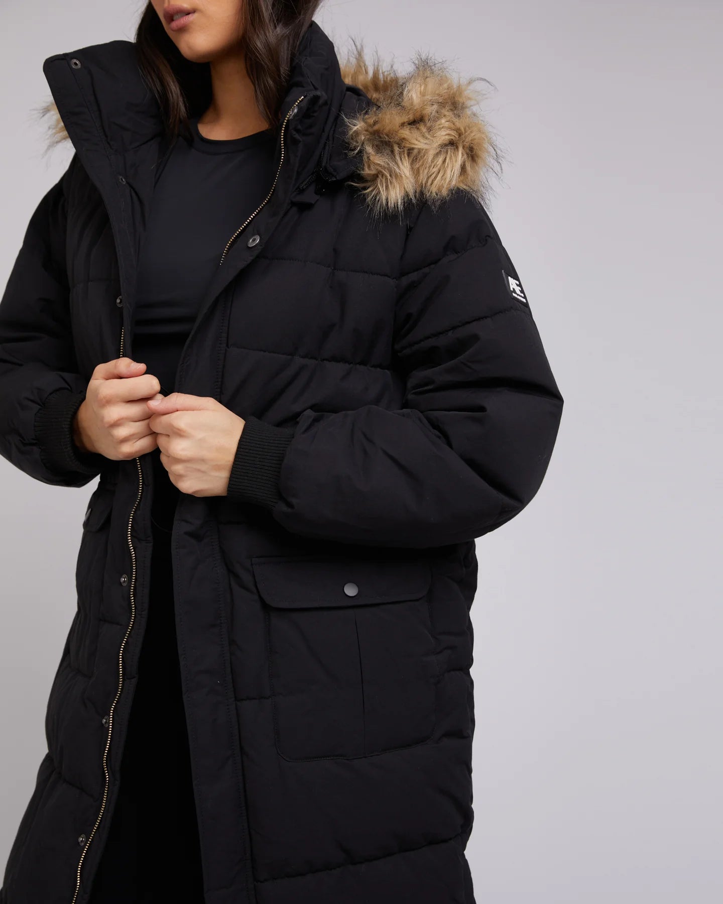 Active Fur Longline Puffer Jacket for Women - Black Winter Coat for Outdoor Activities, Hiking & Casual Wear