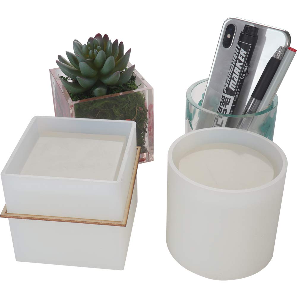 2 Pack DIY Silicone Plant Pot Molds - Square Cube & Round Cylinder Resin Planter Molds for Succulents, Flowers | Perfect for Home Decor, Office Desk & Craft Projects
