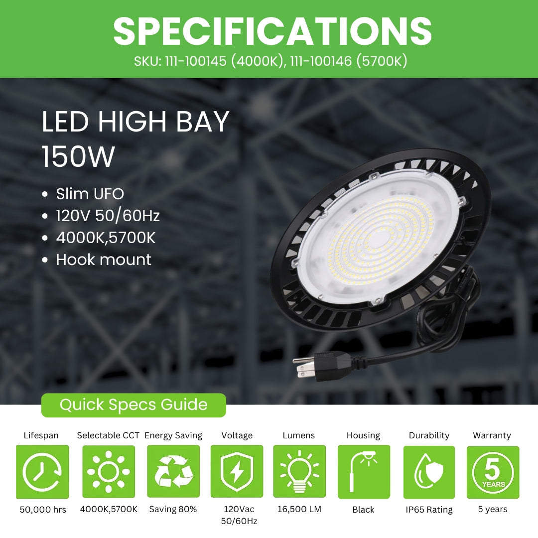 150W LED High Bay Light - 16,500 Lumens Slim UFO Fixture with Hook Mount - UL Listed - Perfect for Warehouses, Garages & Industrial Spaces