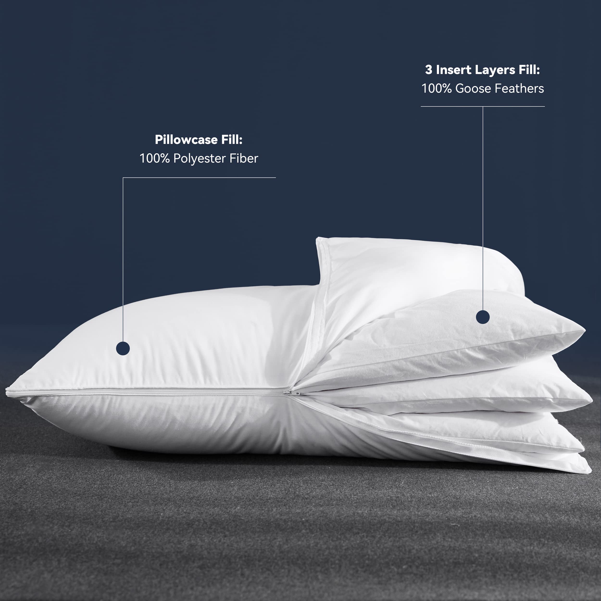 Premium Adjustable Layer Goose Feather Pillow Set of 2 - Queen Size with 100% Cotton Zipper Cover for Neck Pain Relief & Side Sleepers - Perfect for Back, Stomach & Side Sleeping Positions