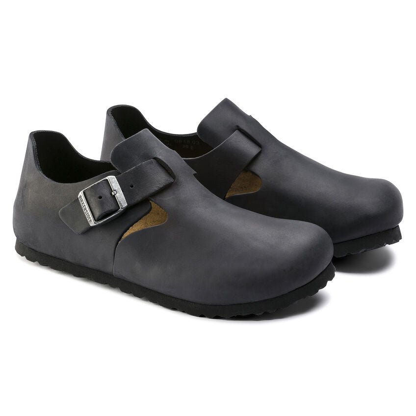 Birkenstock London Oiled Leather Classic Footbed Sandals - Black | Comfortable & Durable Leather Slides for Men & Women | Perfect for Casual Wear, Home & Office