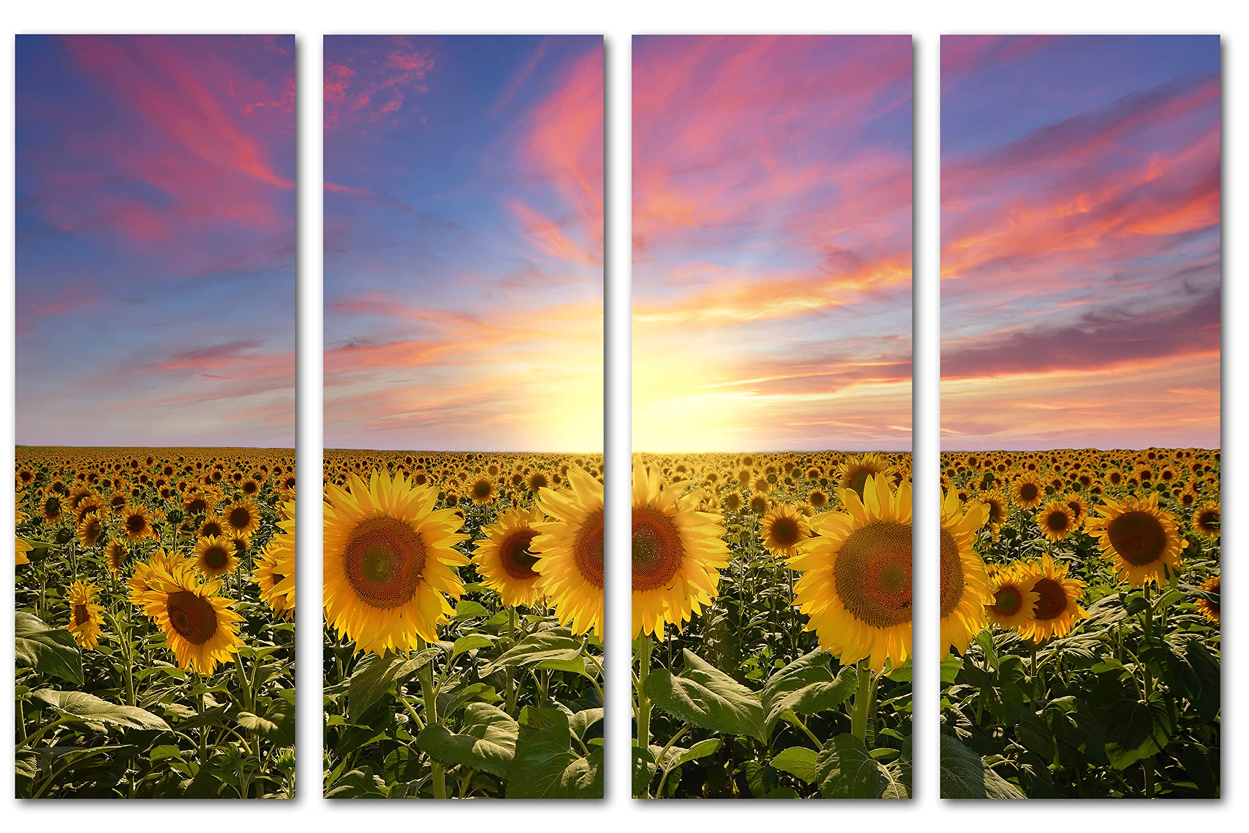 48x30 Sunflower Fields Pink Sky Canvas Print Wall Art - 4 Panel Split Botanical Floral Landscape Painting for Living Room, Bedroom & Office Decor